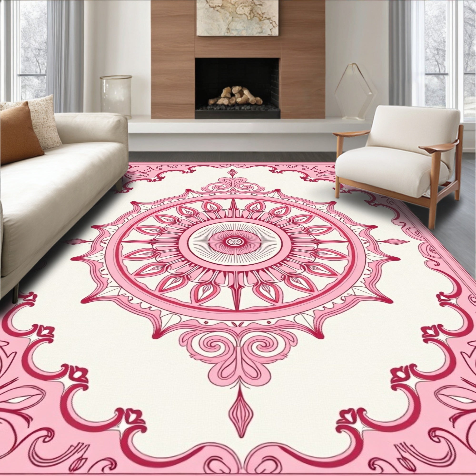 Ornate Floral Mandala Pink Pattern Rug