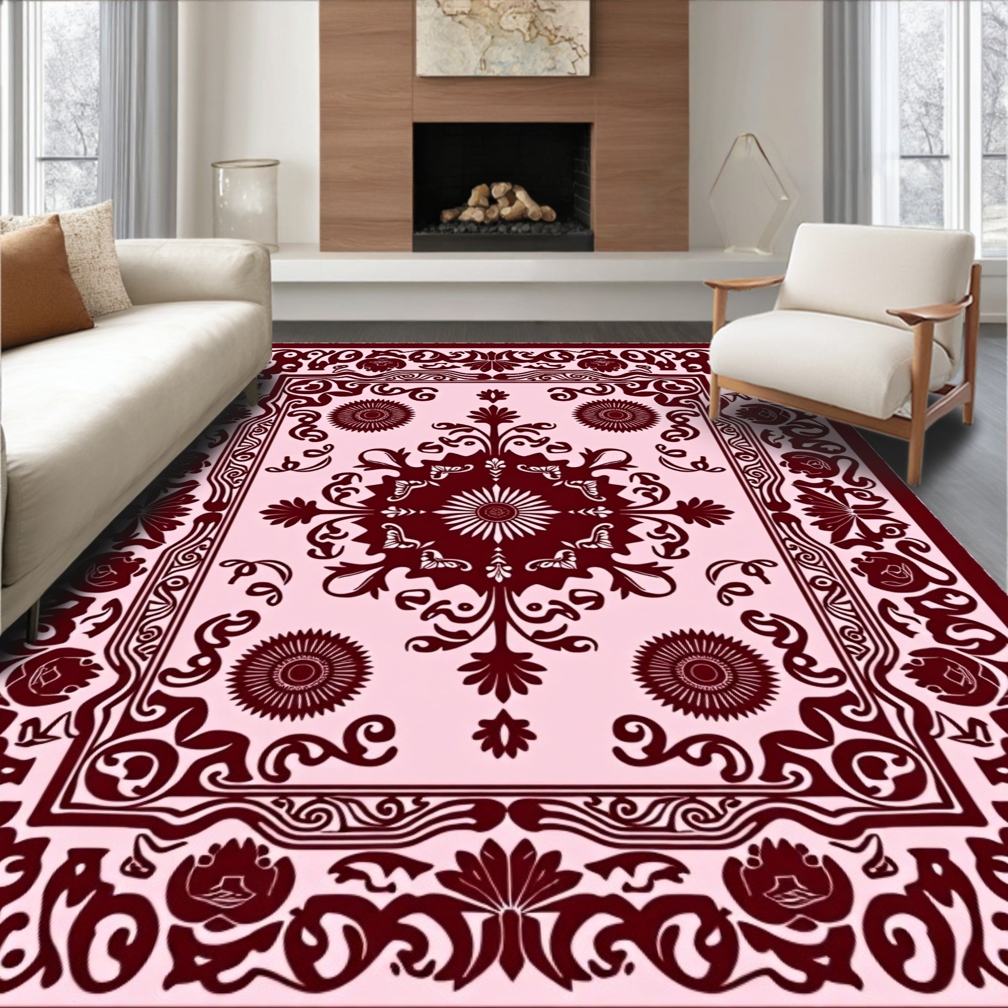 Dark Red Floral And Scrollwork Motif Rug
