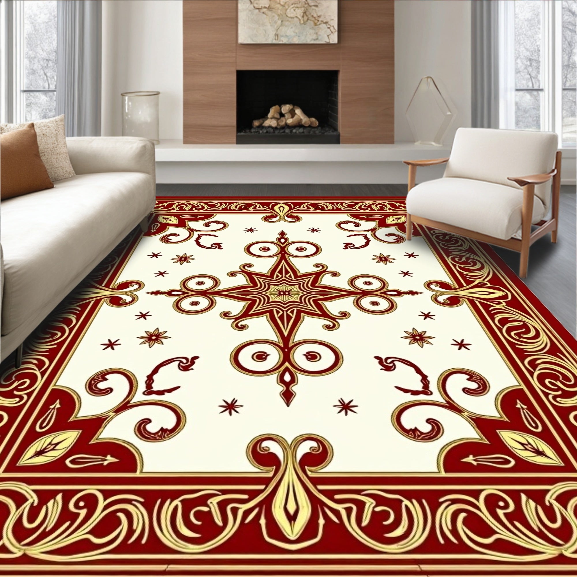 Ornate Red Gold Medallion Pattern Rug