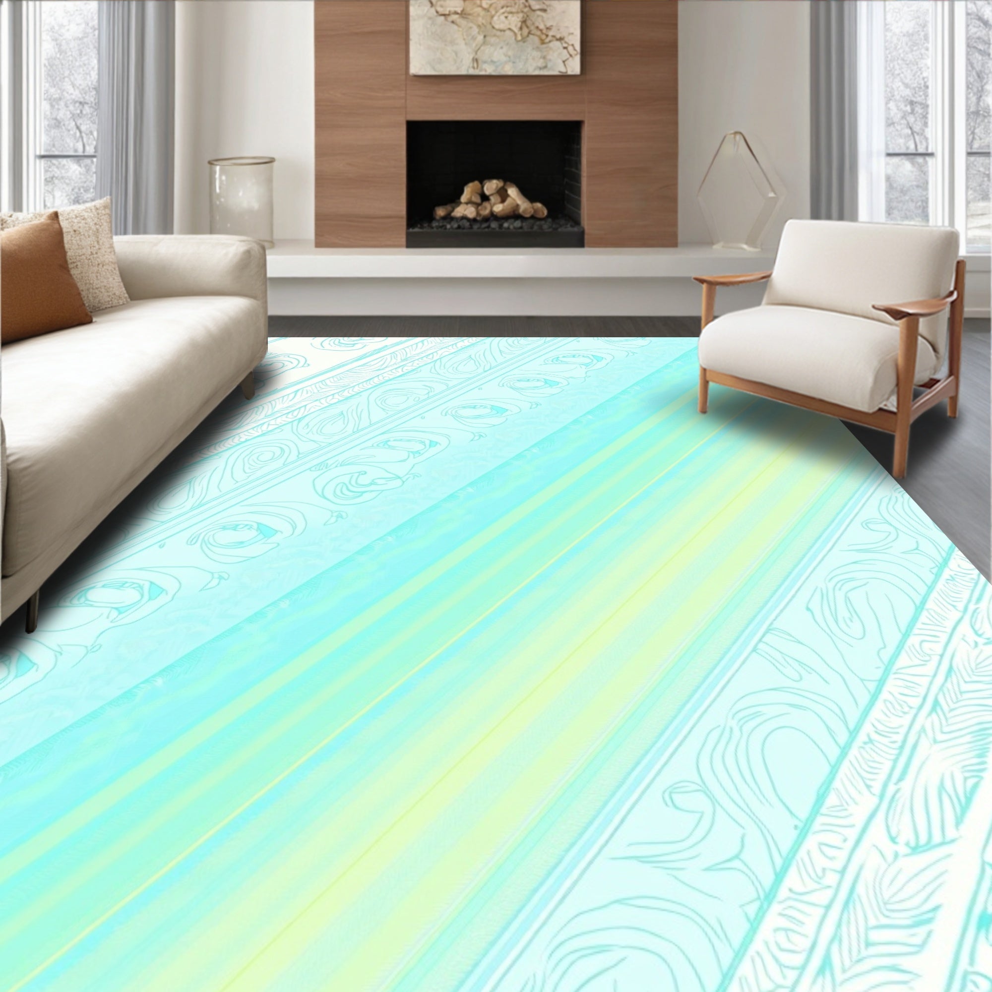 Soft Pastel Floral Stripe Design Rug