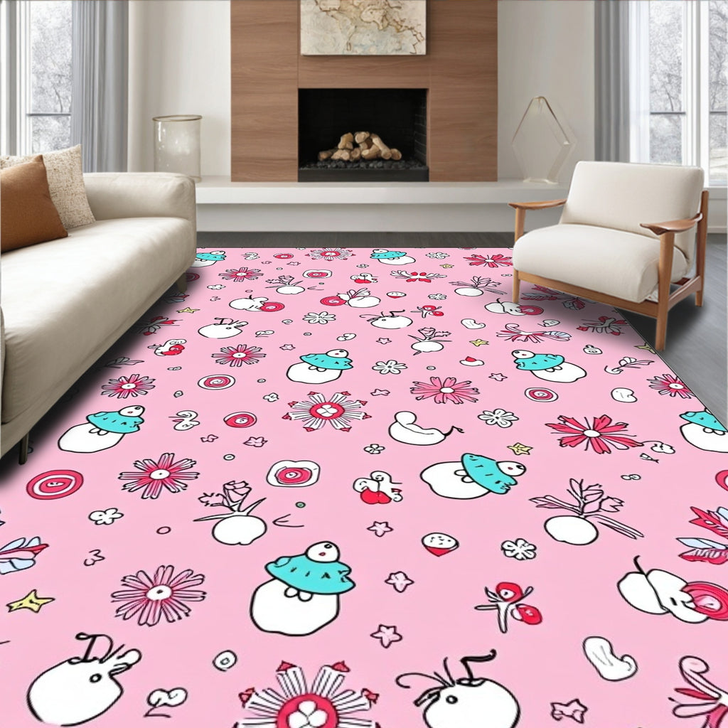 Whimsical Pink Cartoon Animals Flowers Rug