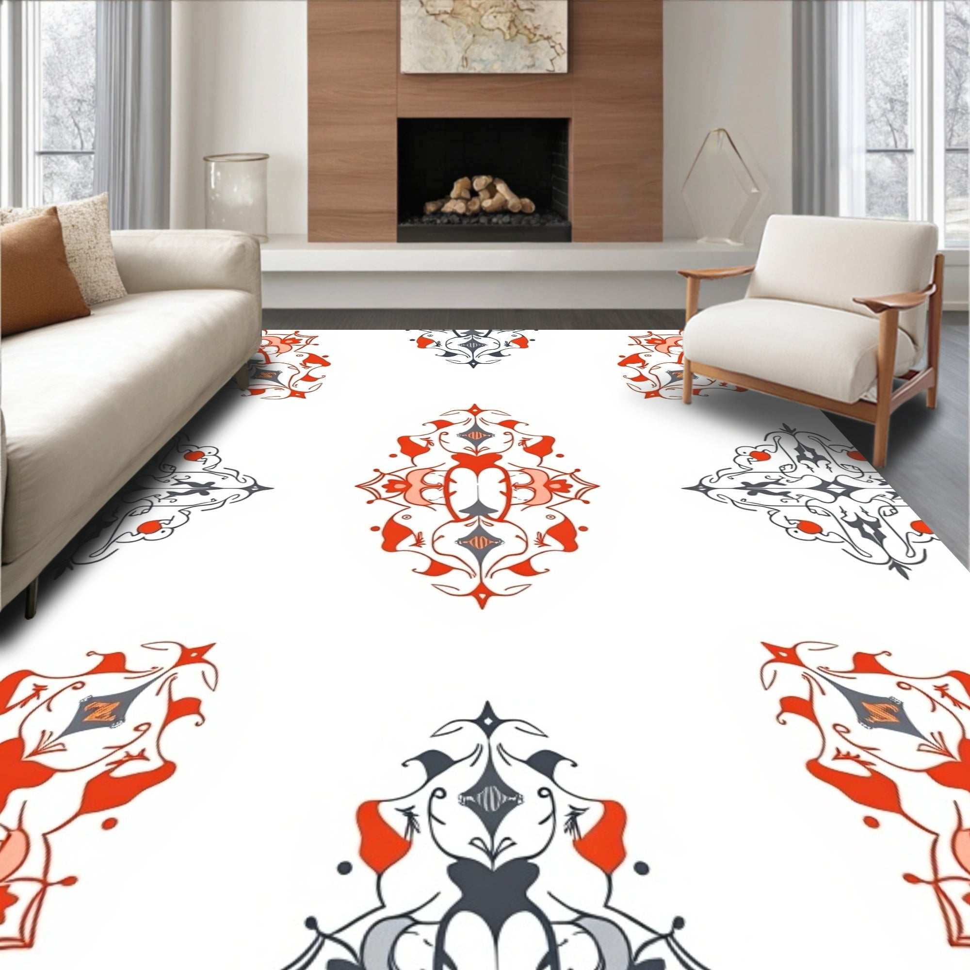 Red and Gray Ornamental Medallion Pattern Rug