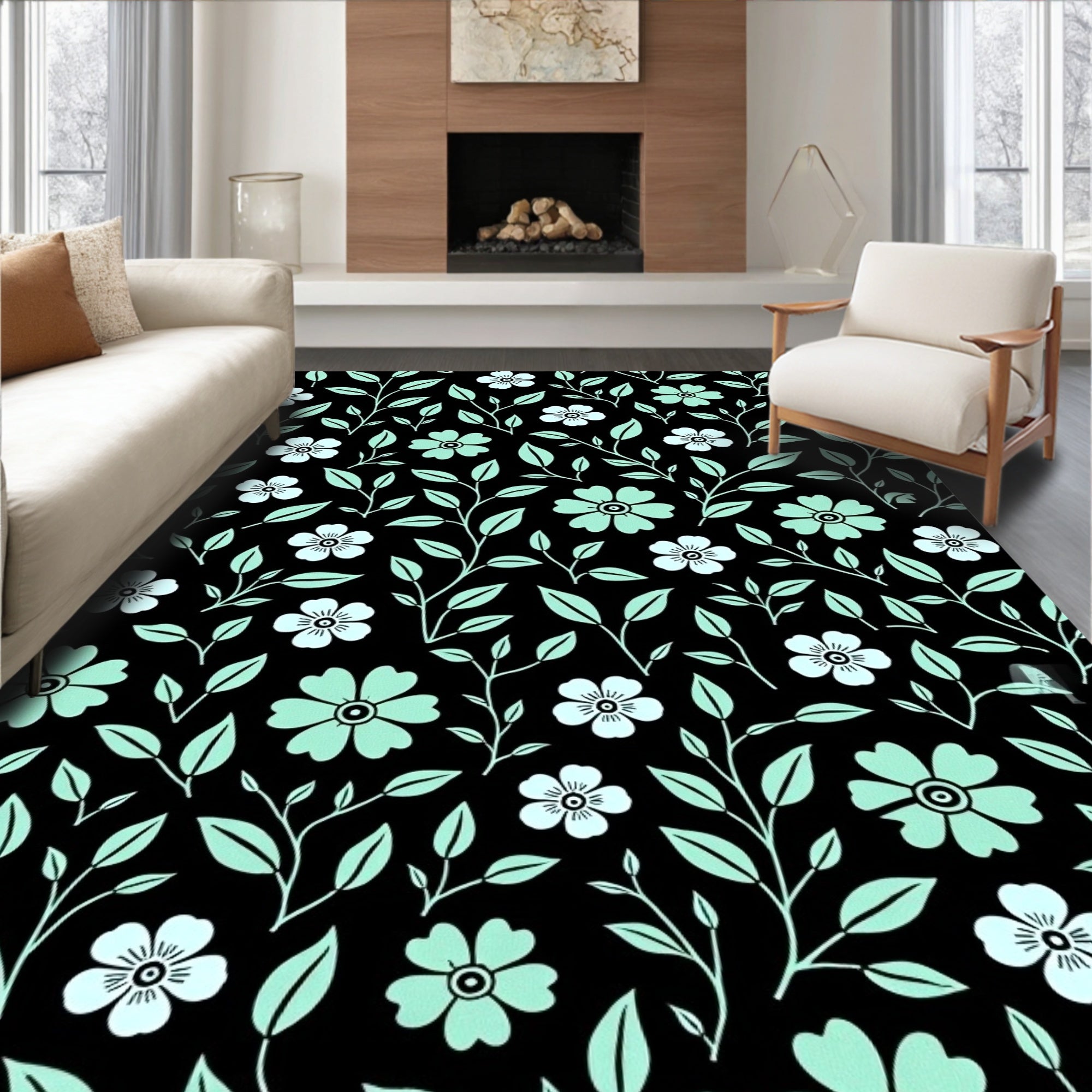 Floral Vine Pattern With Black Background Rug
