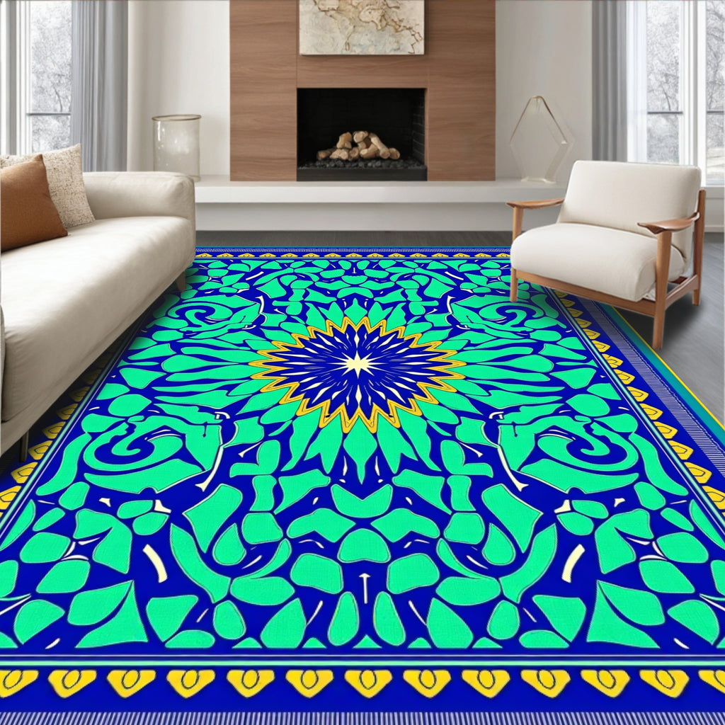 Vibrant Blue Green Floral Medallion Rug
