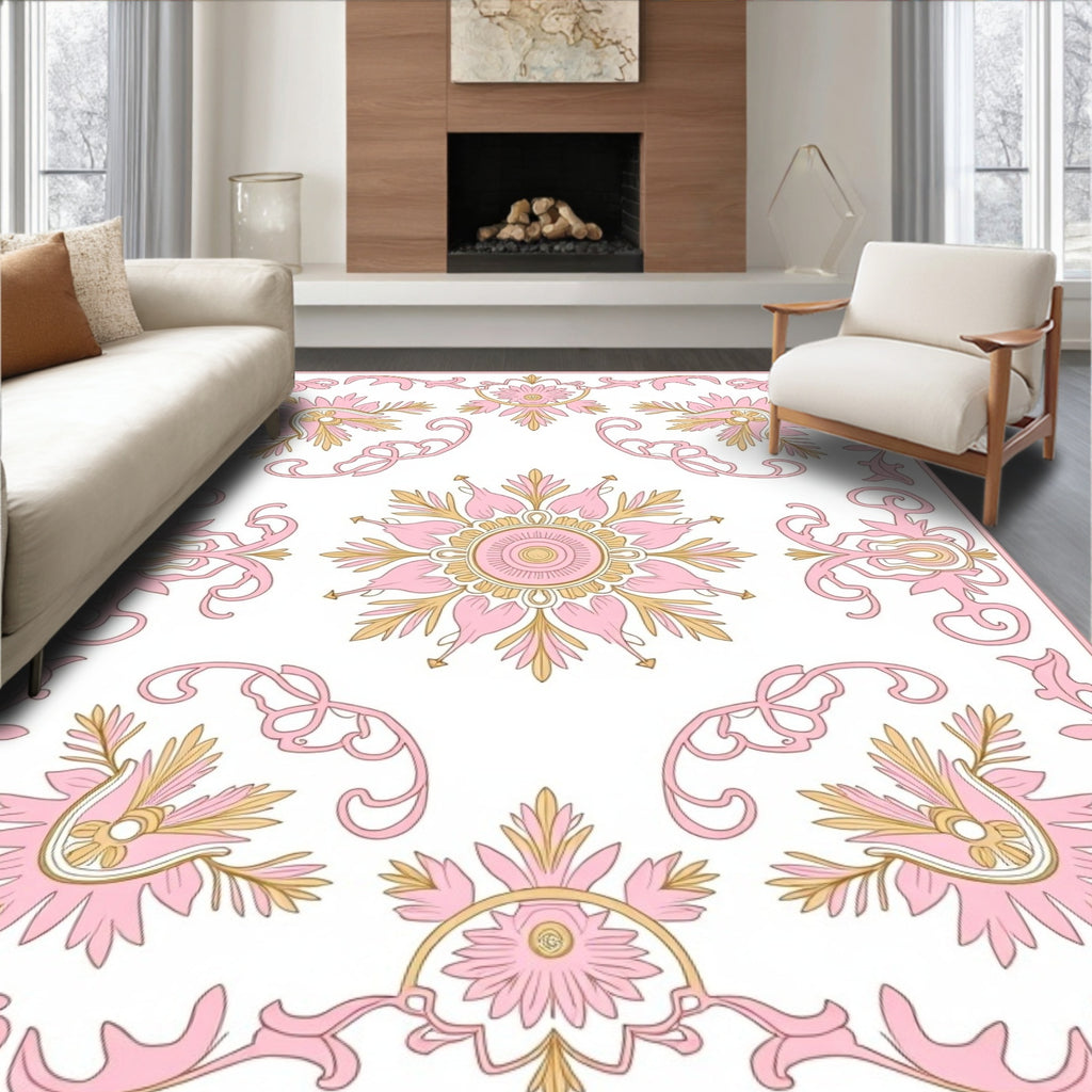 Pink Floral Scrollwork Ornamental Rug