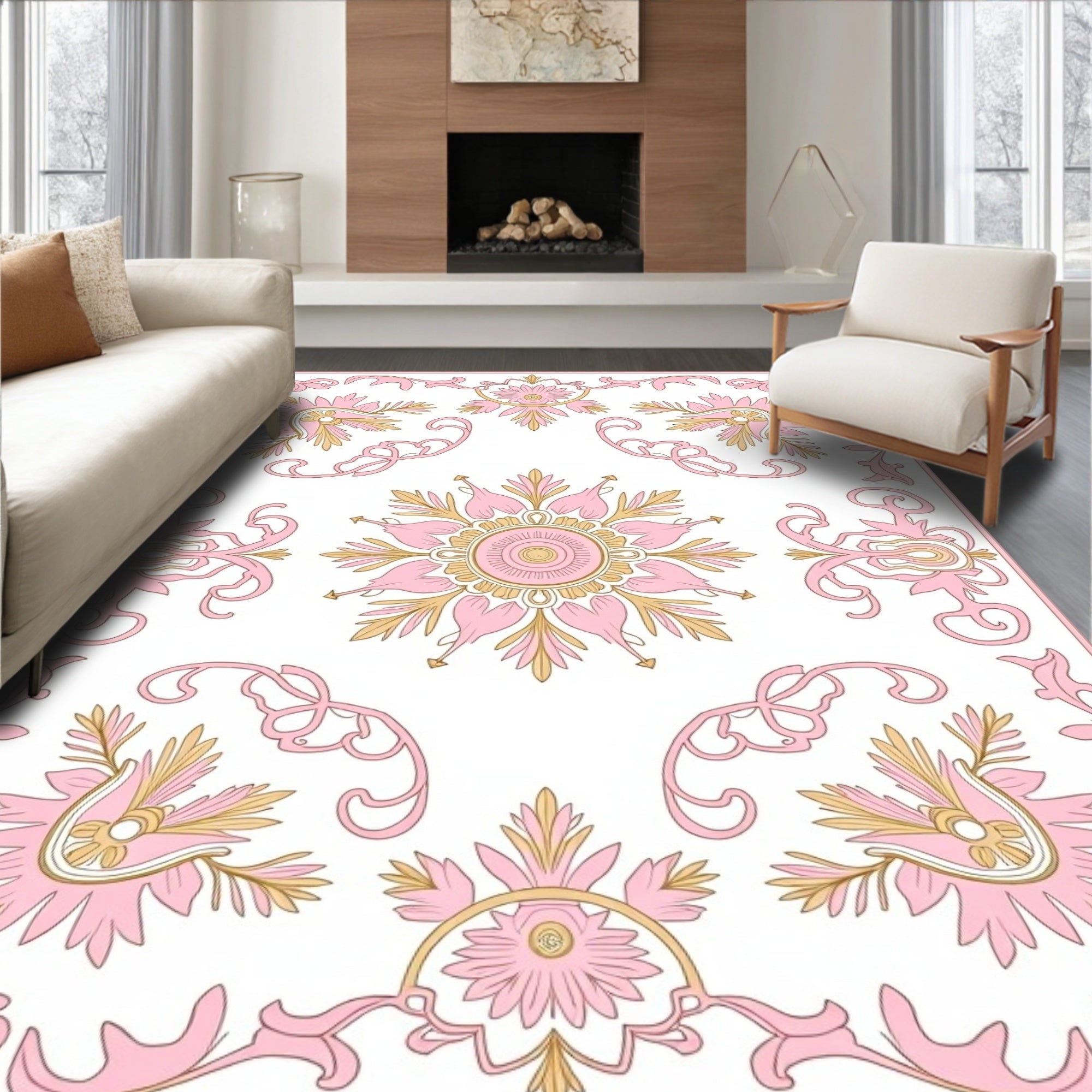 Pink Floral Scrollwork Ornamental Rug