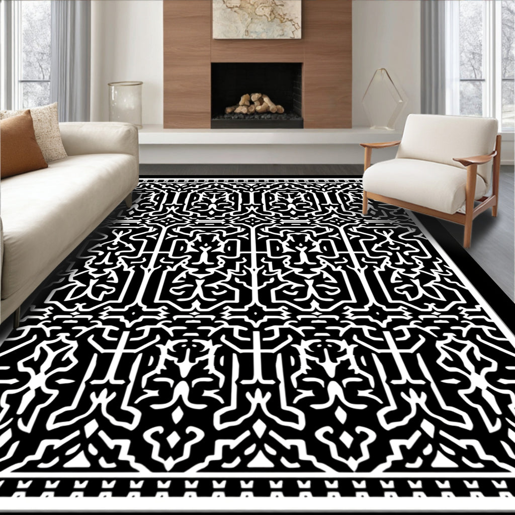 Intricate Black White Linear Pattern Rug