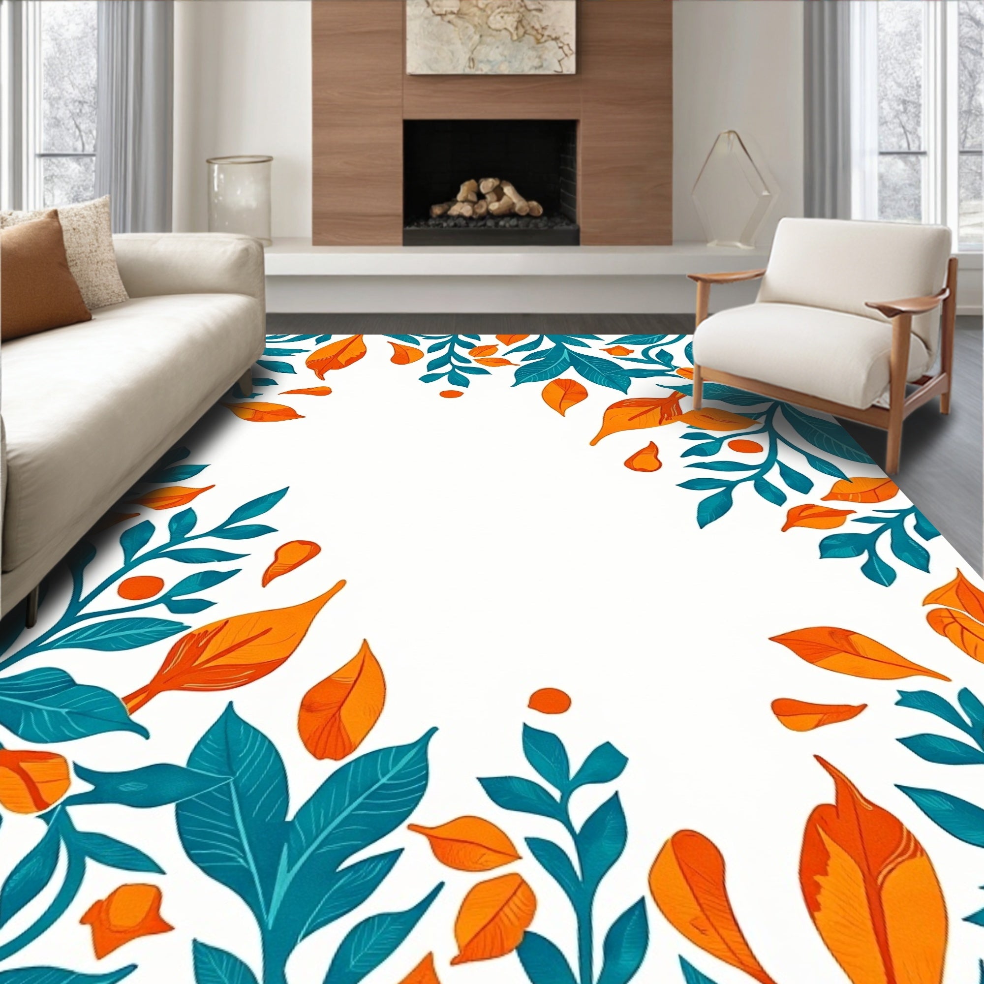 Teal Orange Leafy Floral Pattern Rug