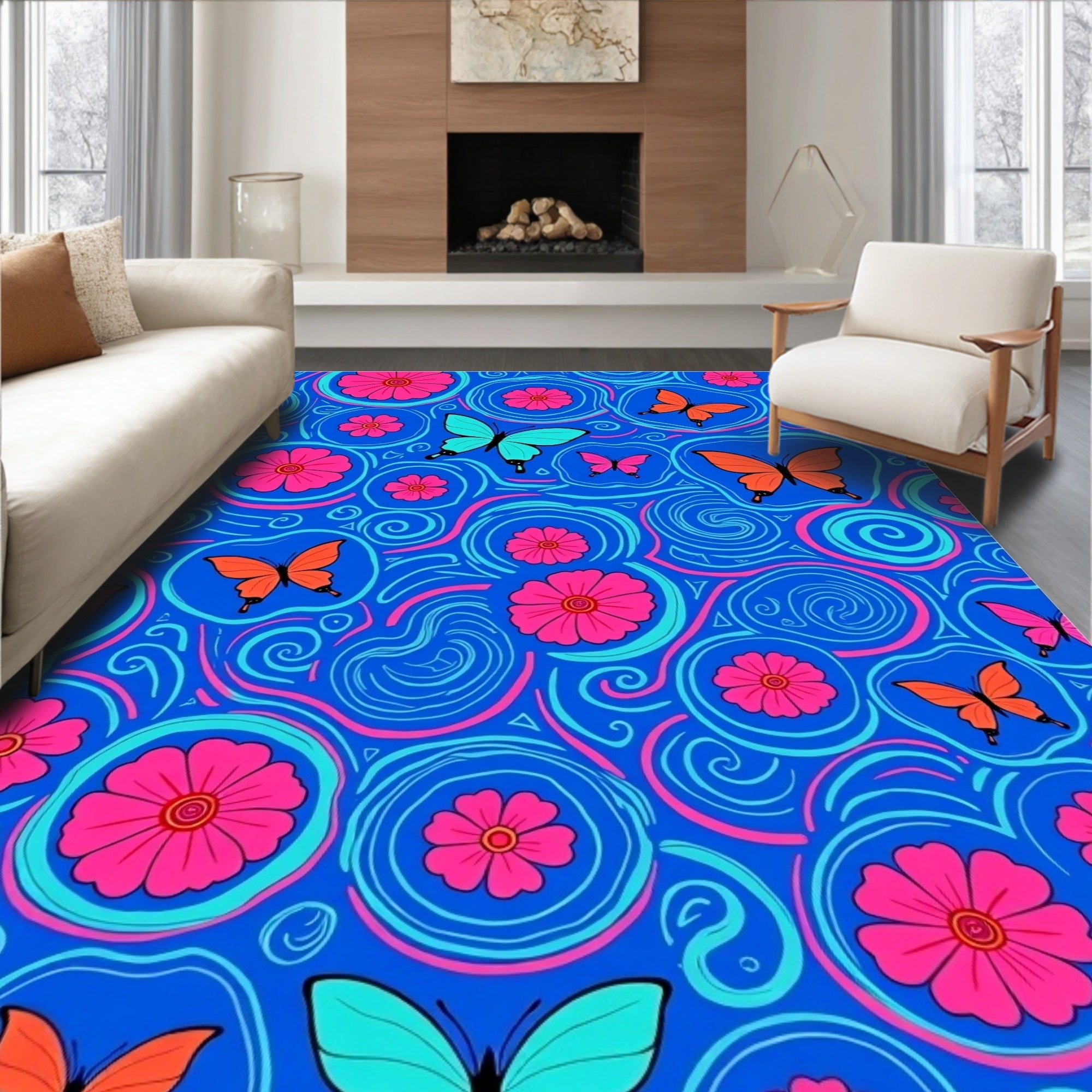 Vibrant Floral Butterfly Swirl Pattern Rug
