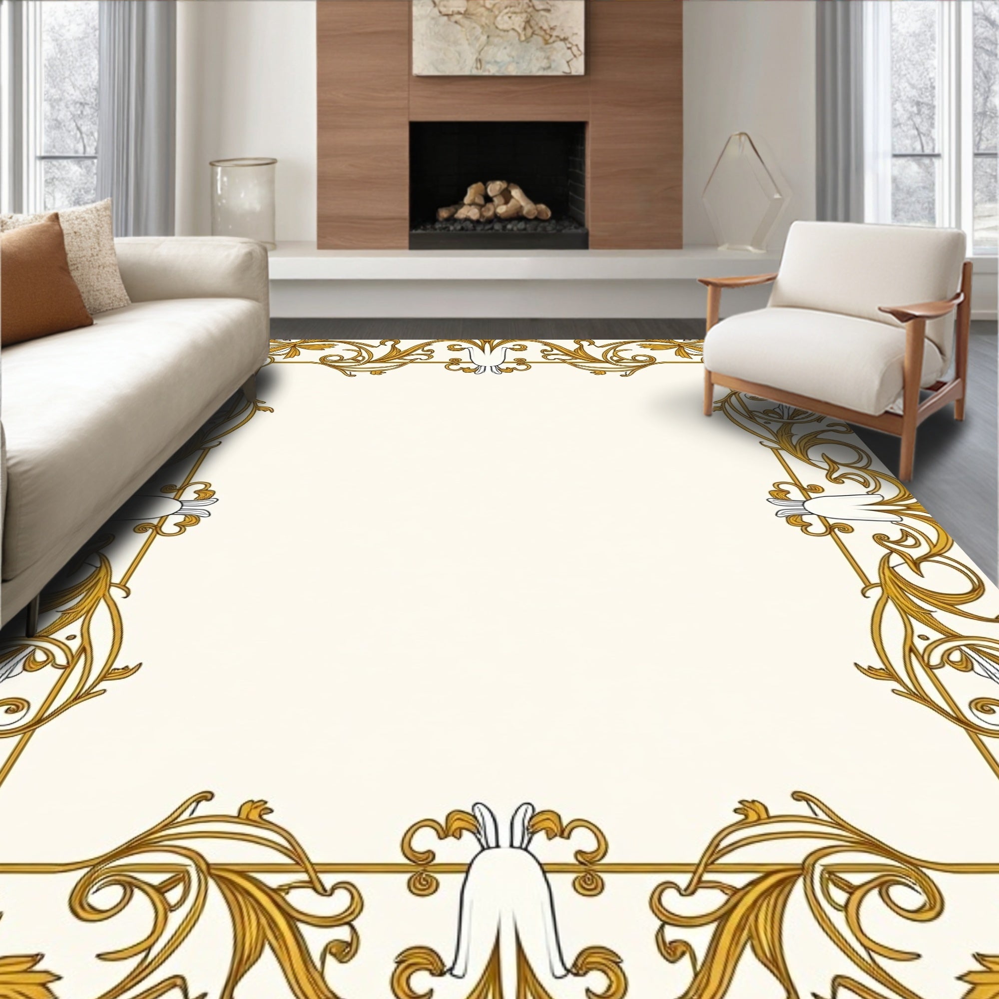 Classic Gold Floral Scroll Border Rug