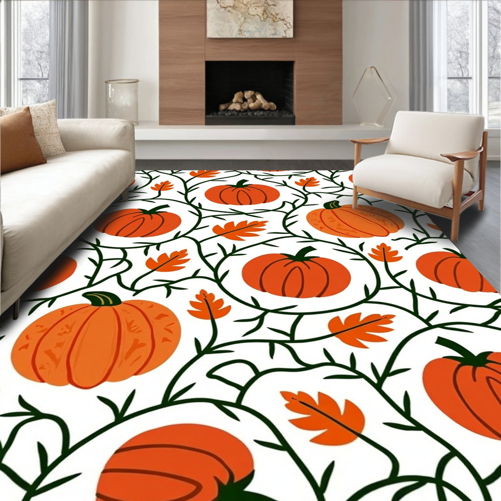 Orange Pumpkin Vine Autumn Leaves Rug