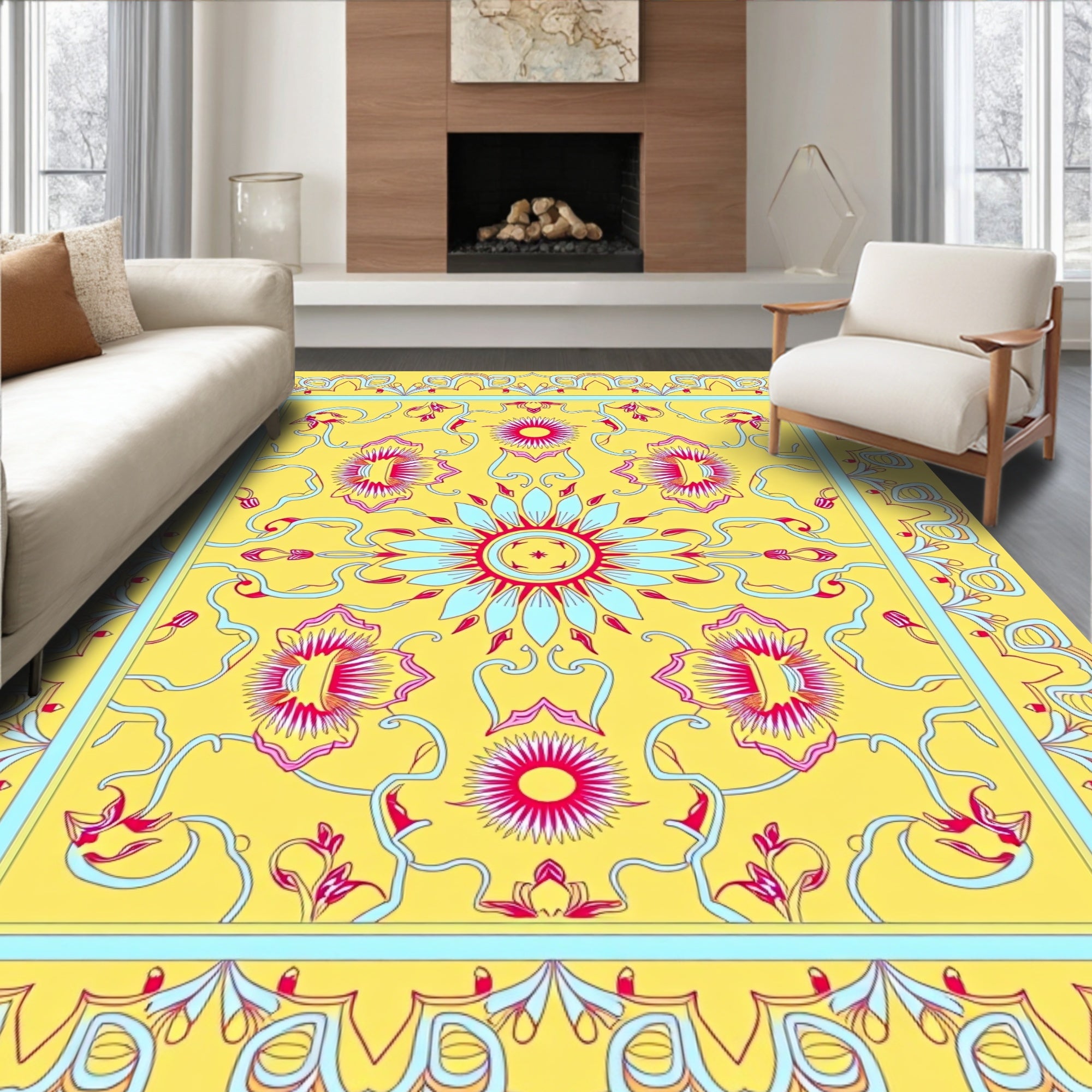 Vibrant Floral Scroll Patterned Rug