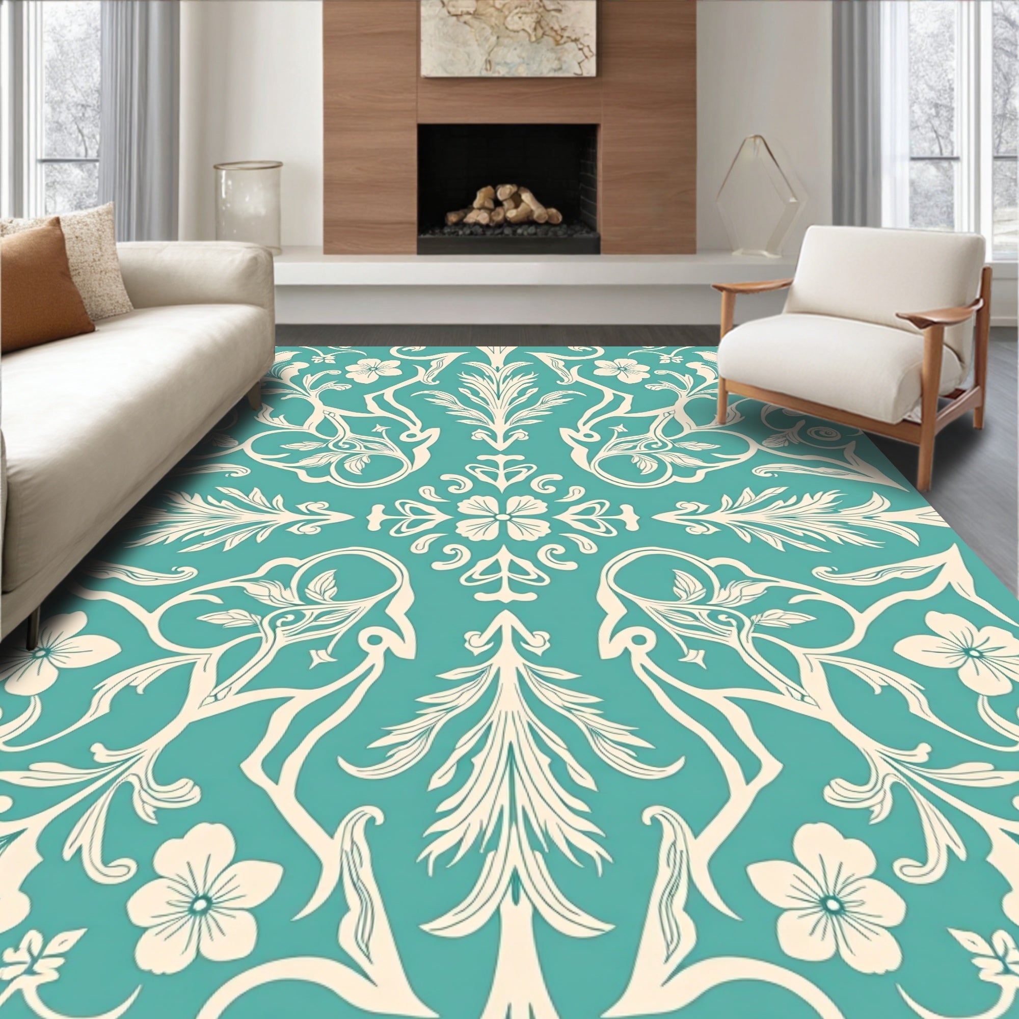 Teal Floral Vine Pattern Rug