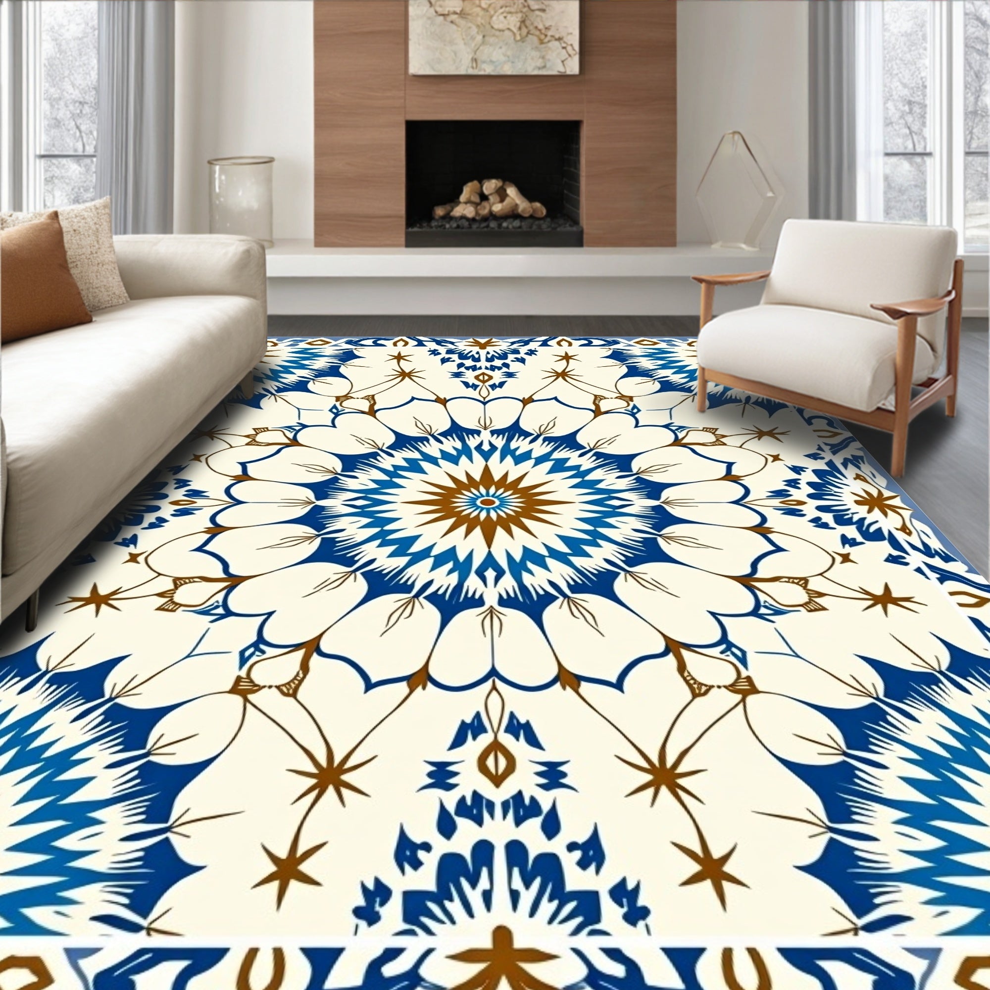 Intricate Blue Brown Radial Starburst Rug