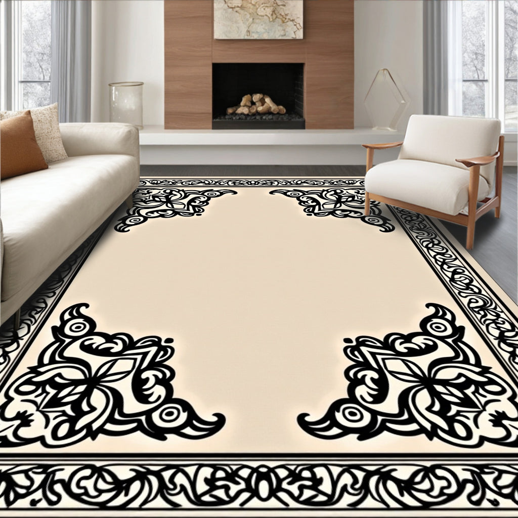 Ornate Black Floral Corner Border Design Rug