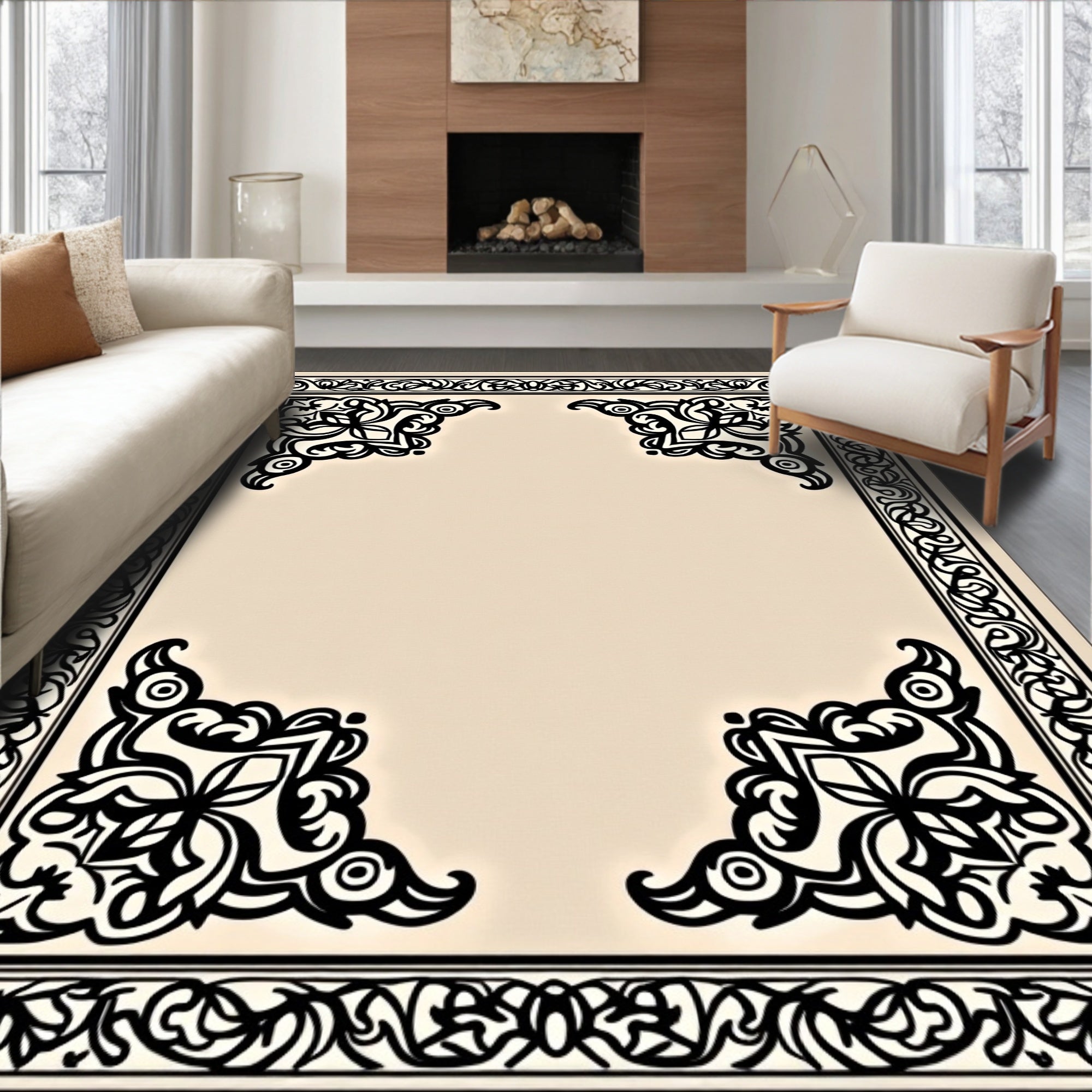 Ornate Black Floral Corner Border Design Rug