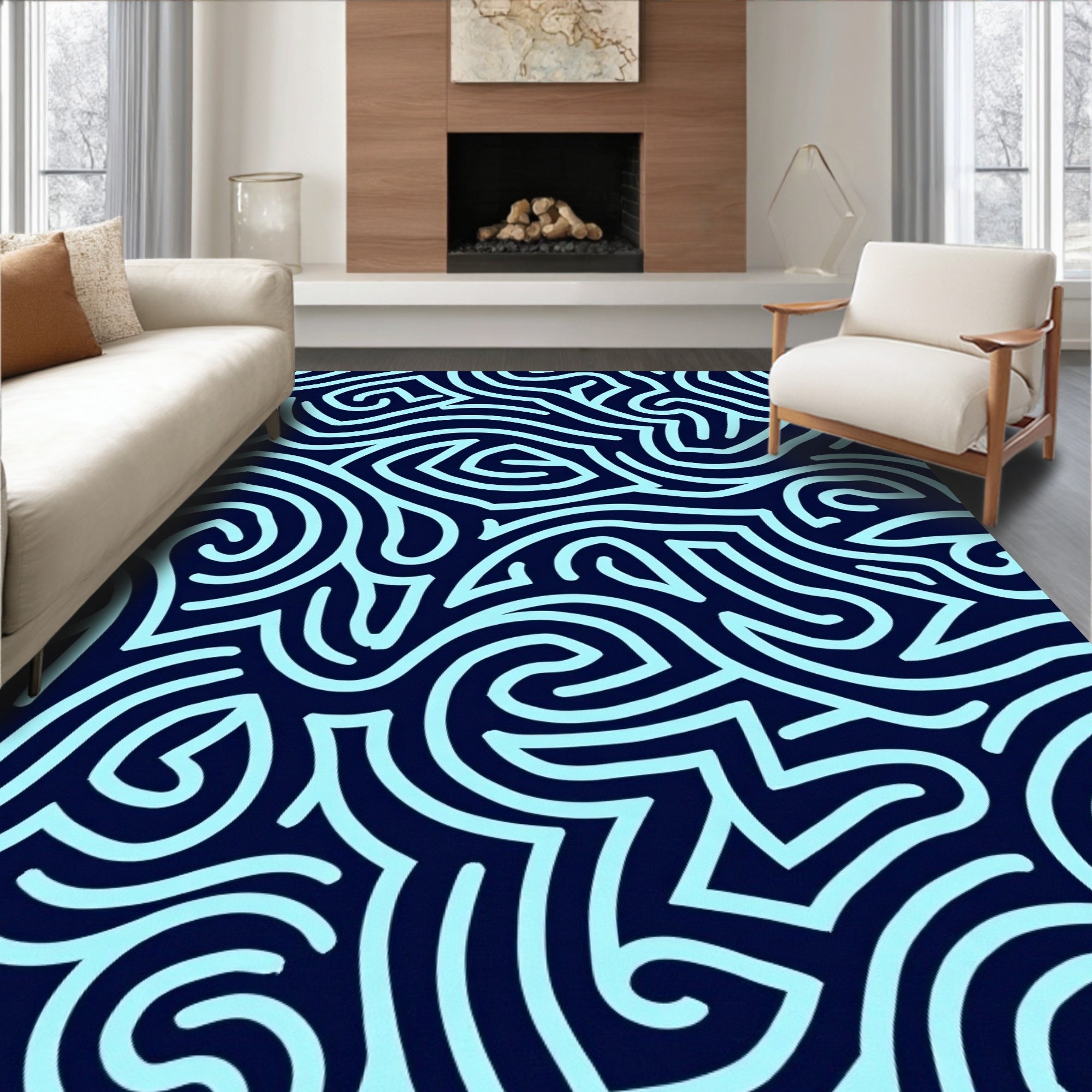Abstract Blue Navy Swirl Pattern Rug