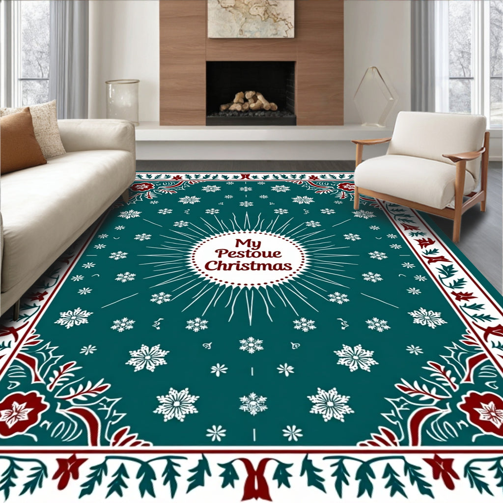 Teal Snowflake Border Christmas Rug