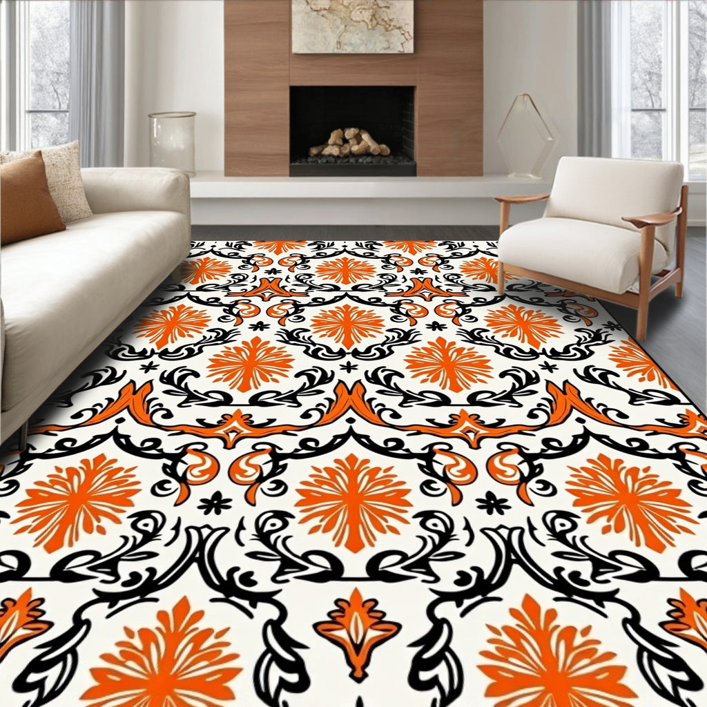 Orange Black Floral Damask Pattern Rug