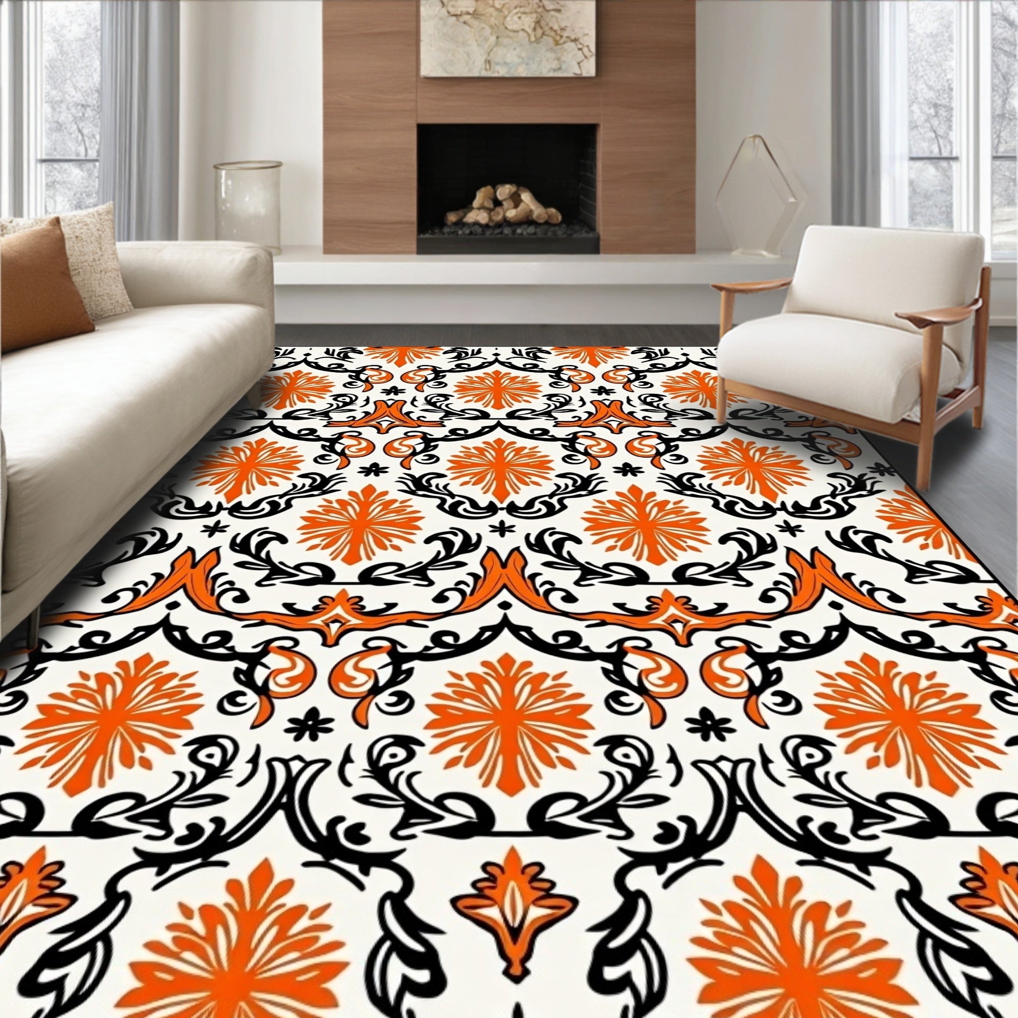 Orange Black Floral Damask Pattern Rug