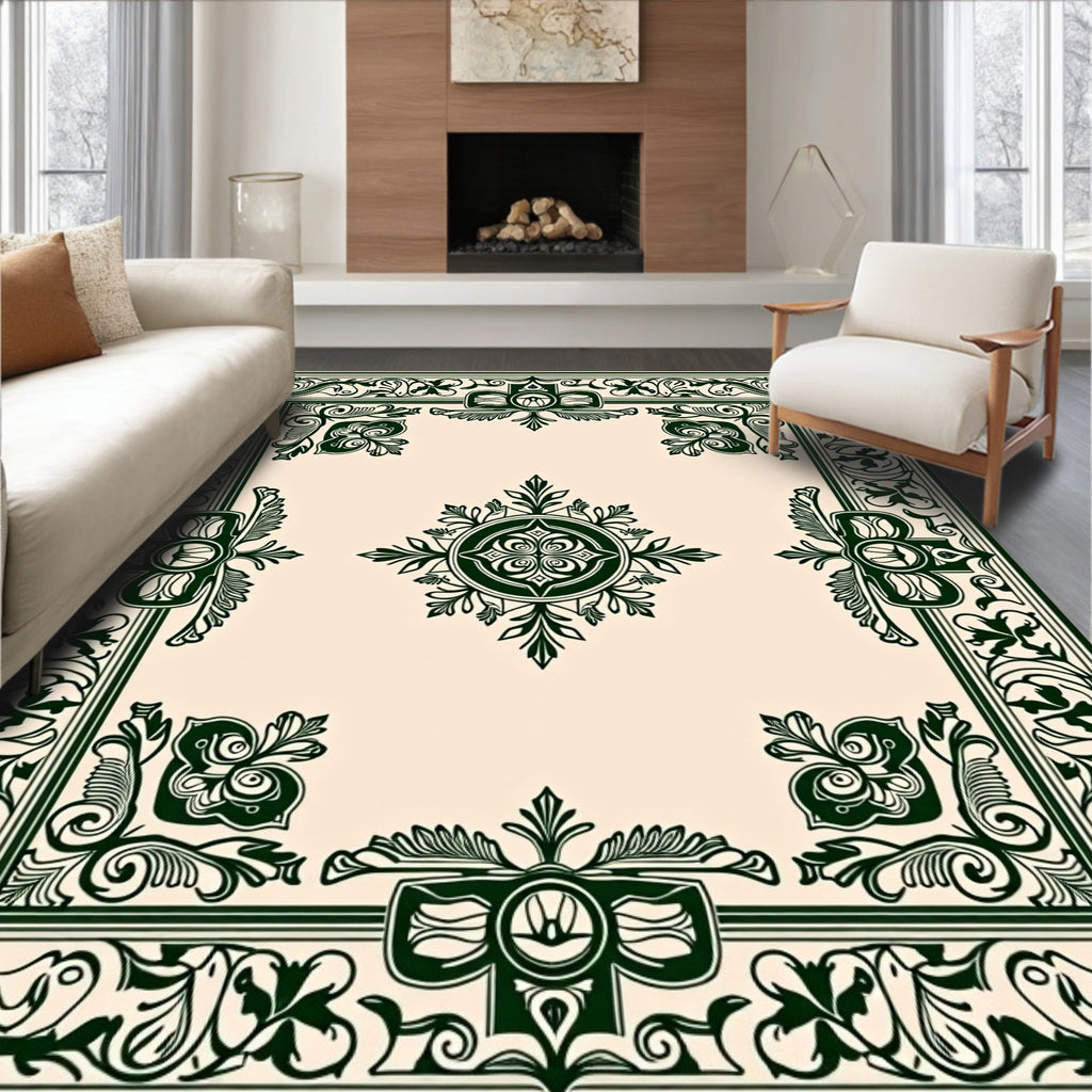 Ornate Dark Green Floral Bordered Rug