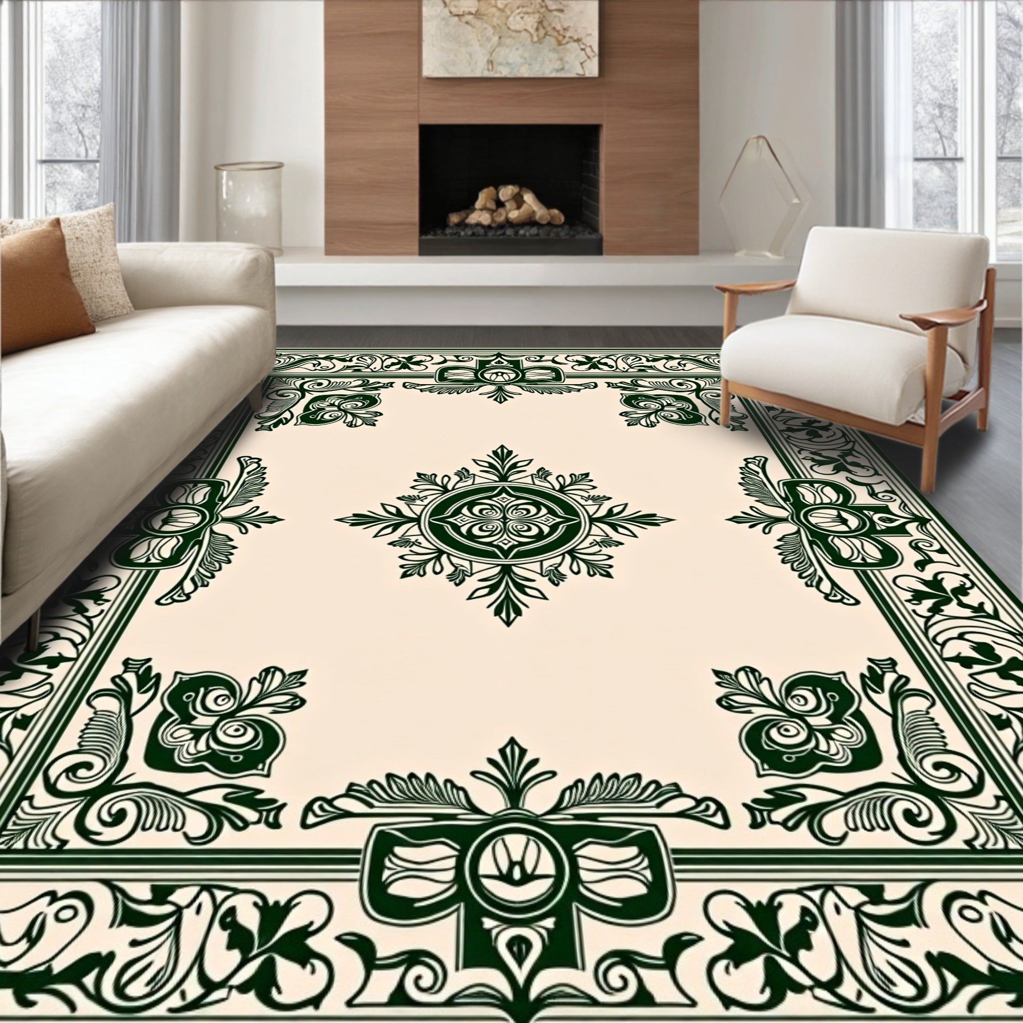 Ornate Dark Green Floral Bordered Rug