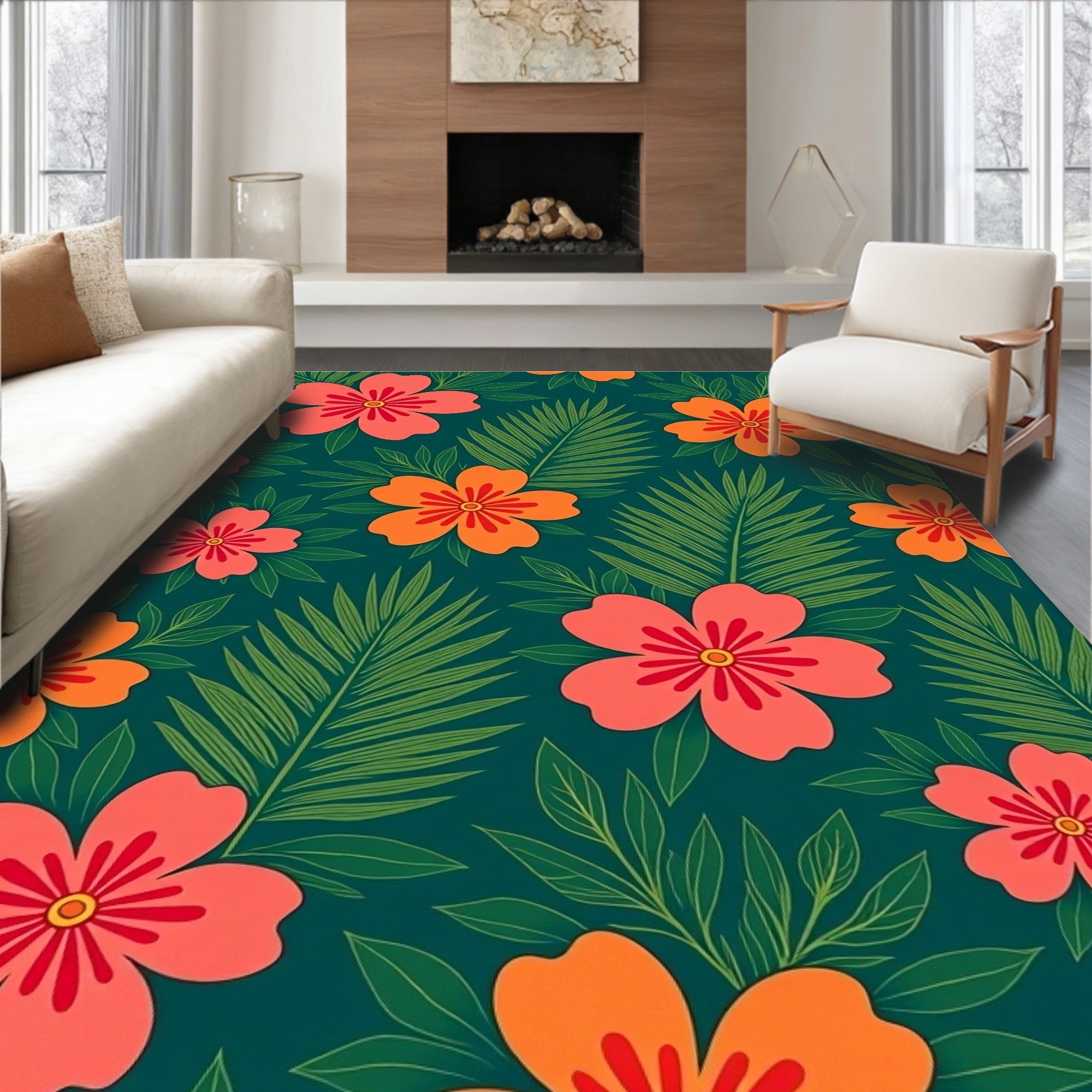 Vibrant Tropical Flowers and Leaves Rug