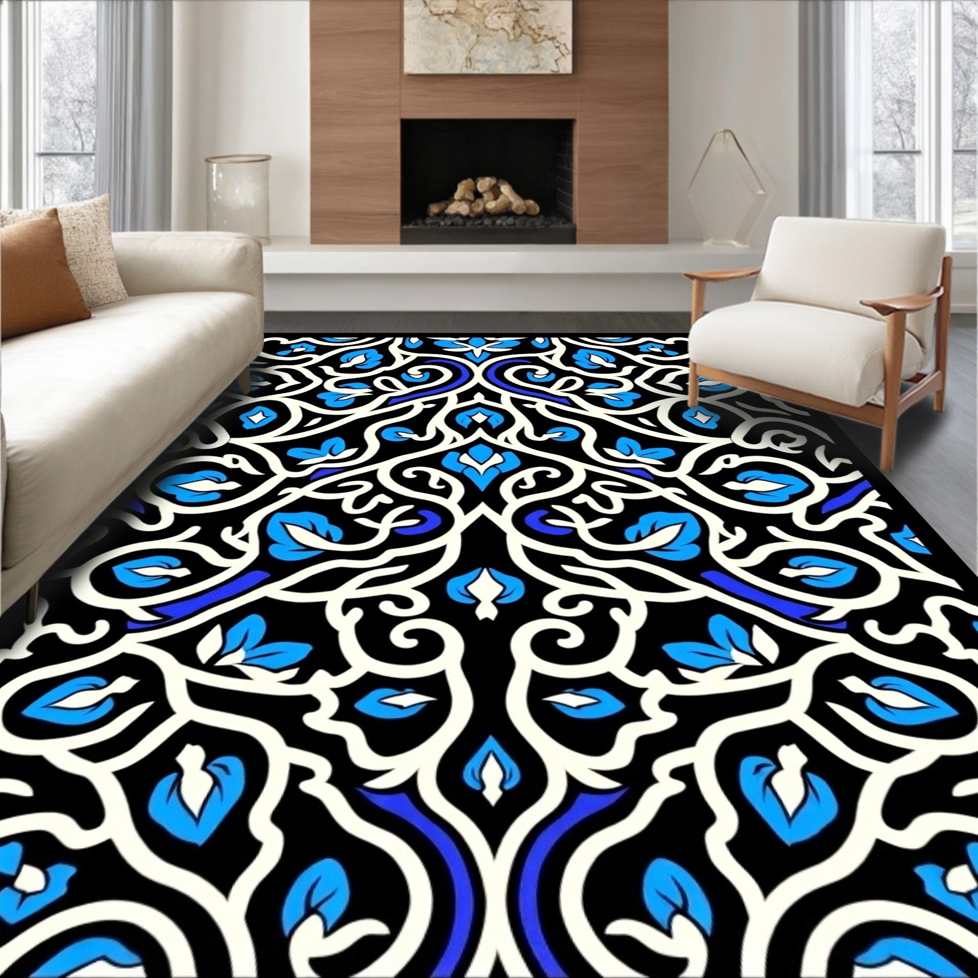 Abstract Blue White Swirl Floral Rug