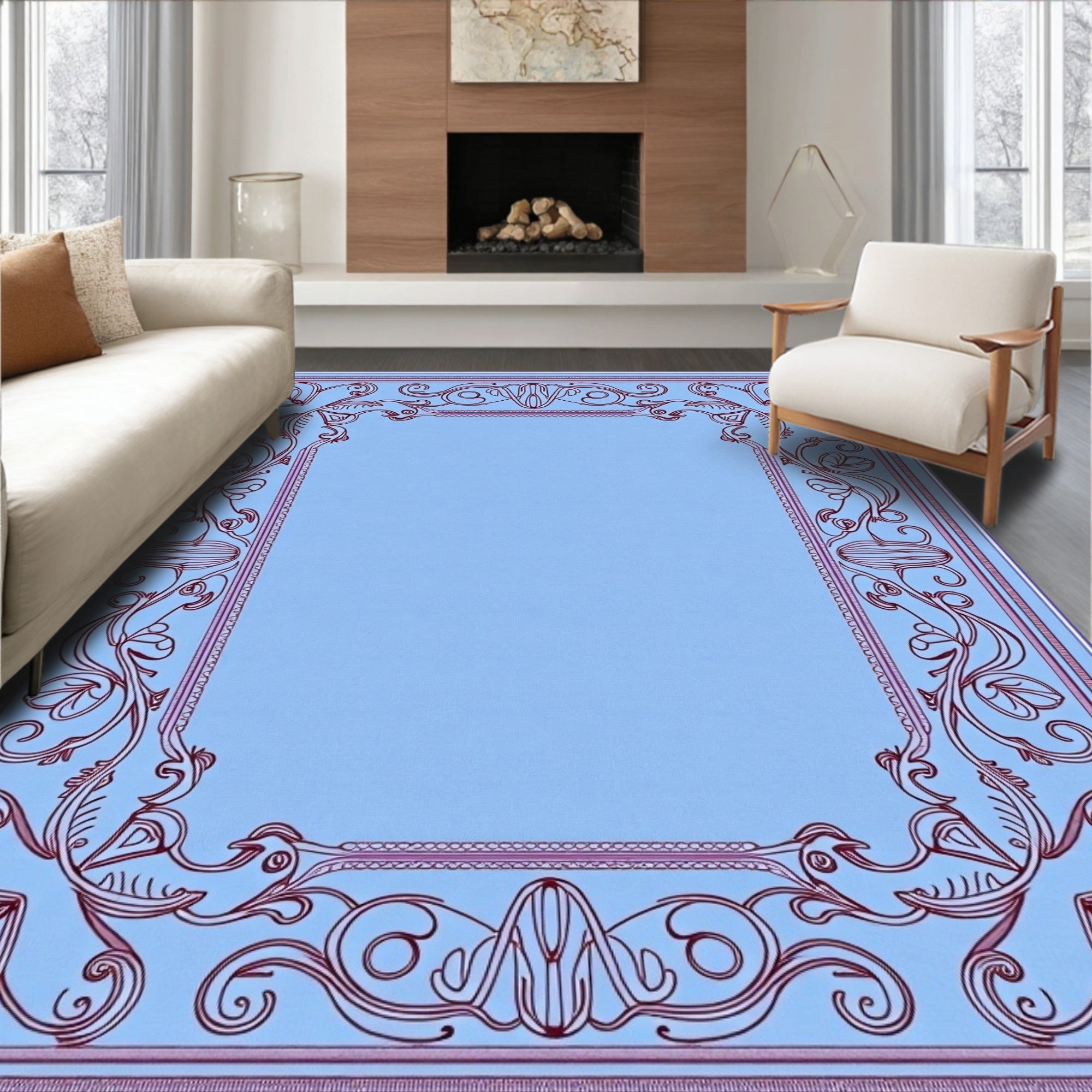 Elegant Scrollwork Floral Border Design Rug