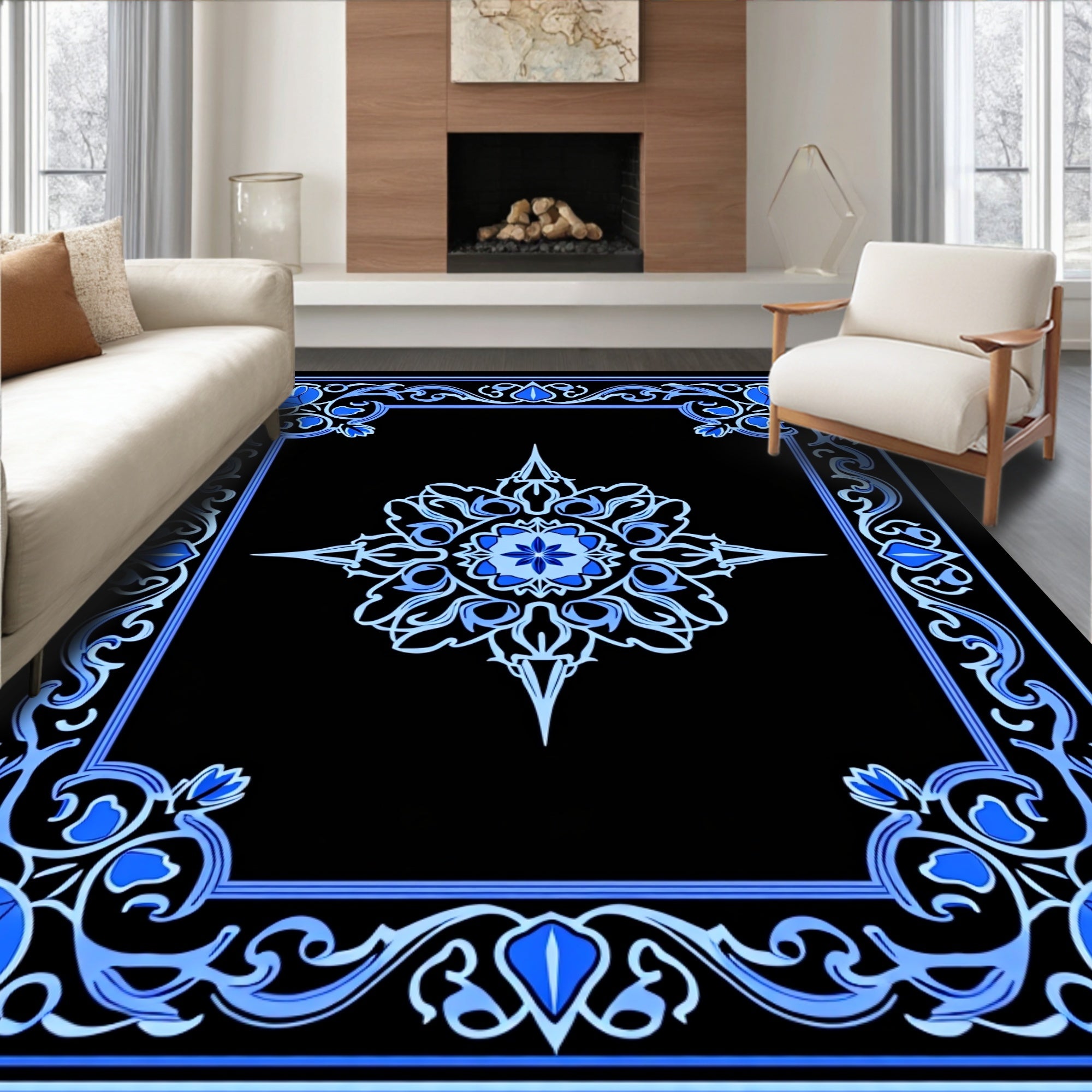 Intricate Blue Floral Medallion Frame Design Rug