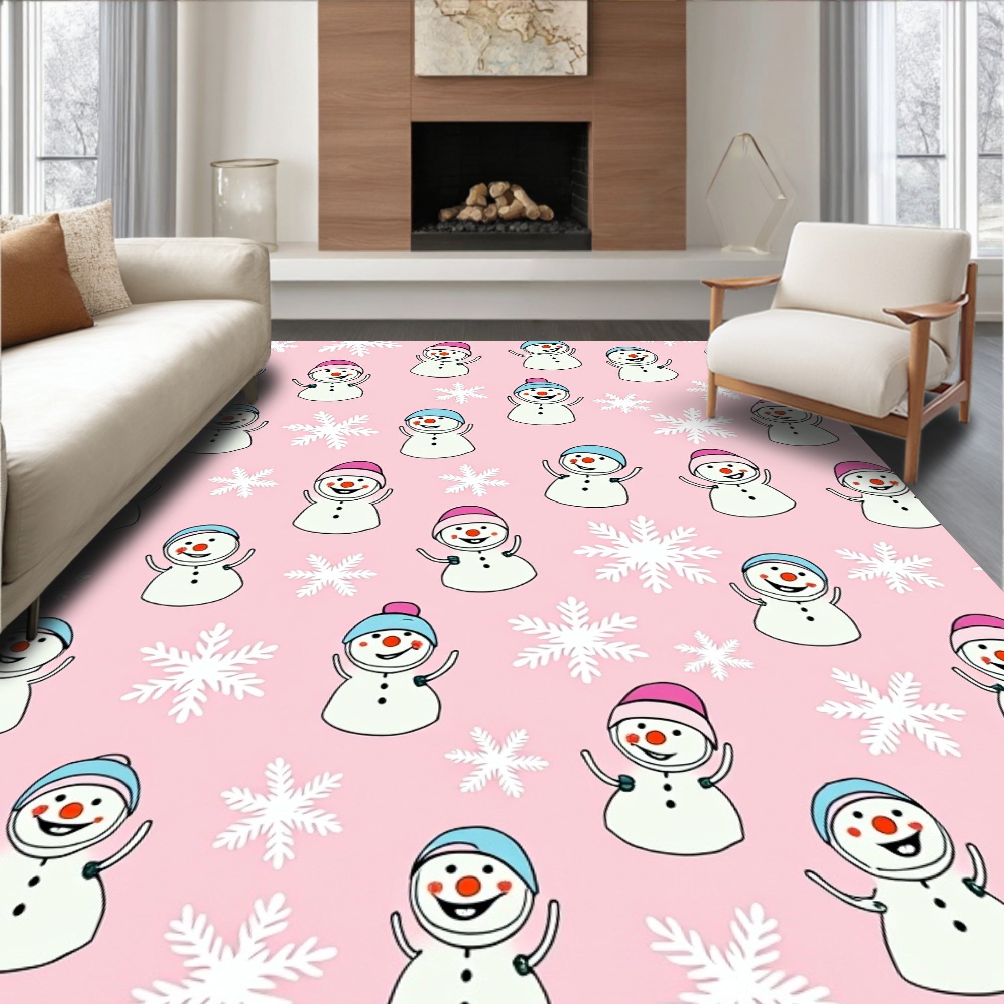 Whimsical Snowman Pink Snowflake Scatter Rug