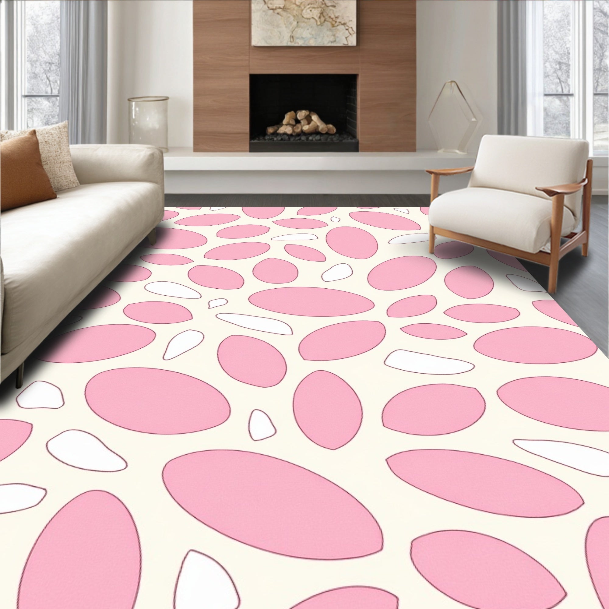 Pink And White Oval Pattern Rug