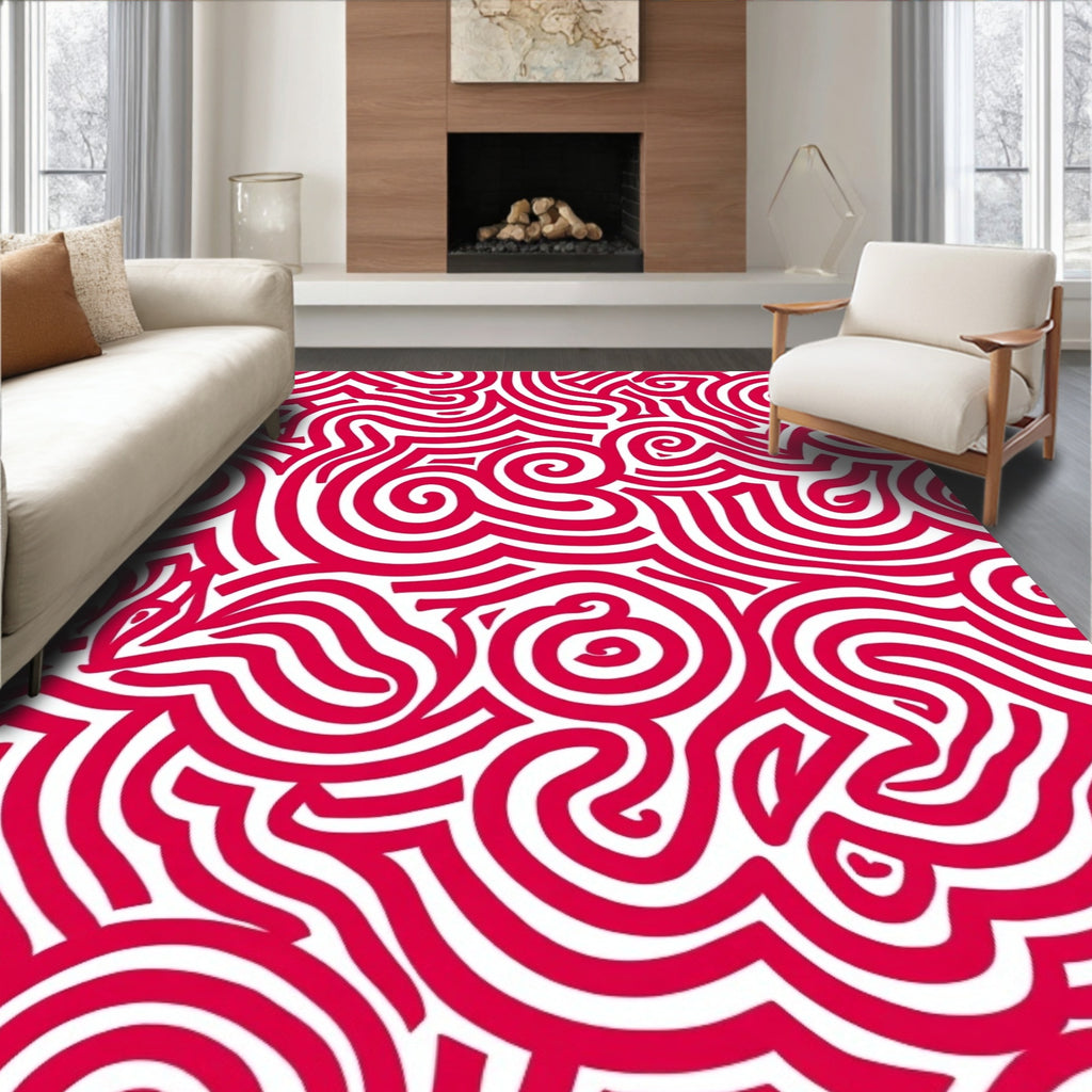 Crimson Swirling Abstract Line Rug