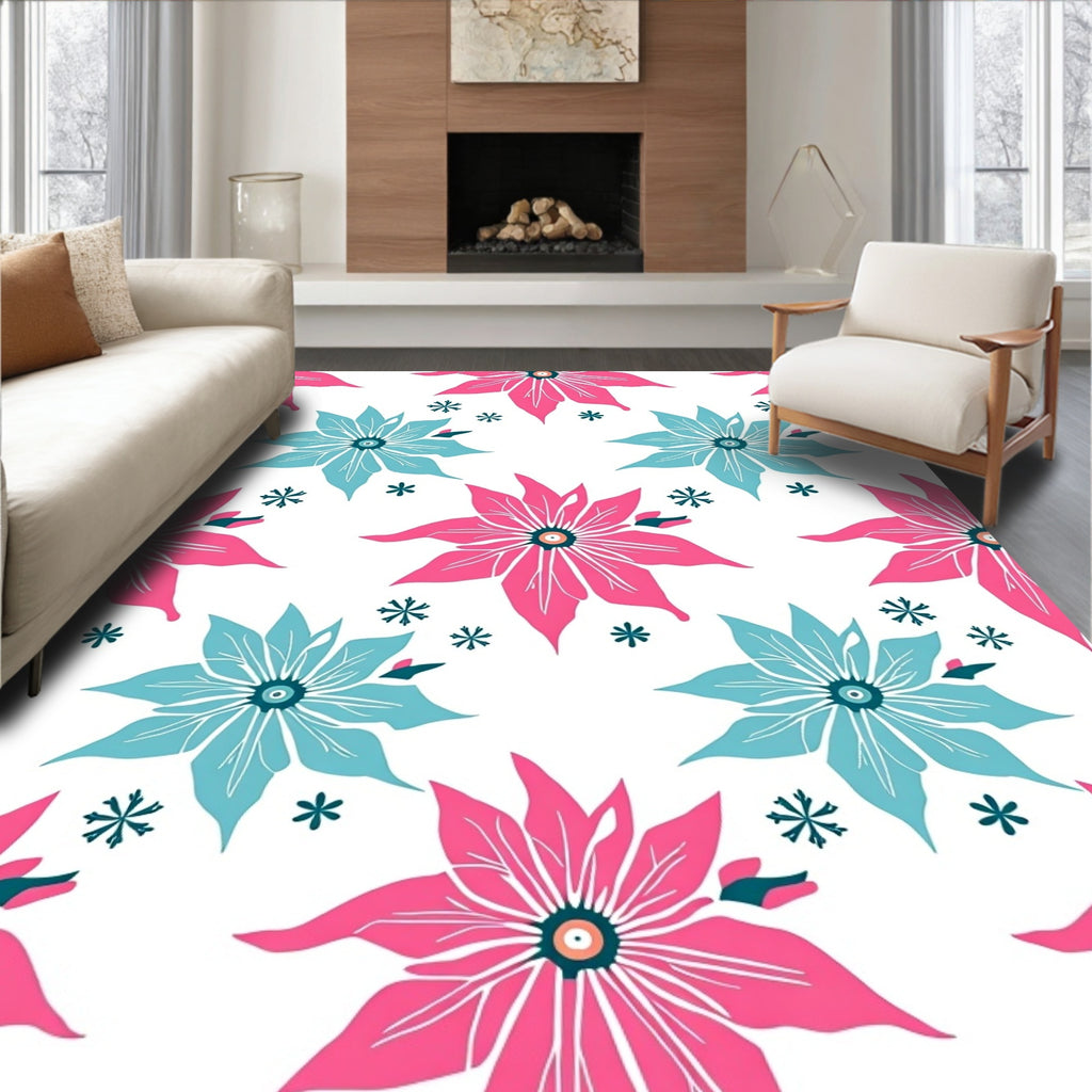 Vibrant Pink Teal Floral Snowflakes Rug