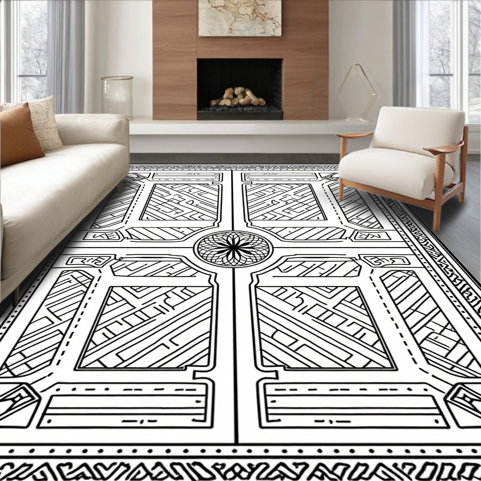 Abstract Geometric Maze Line Art Rug