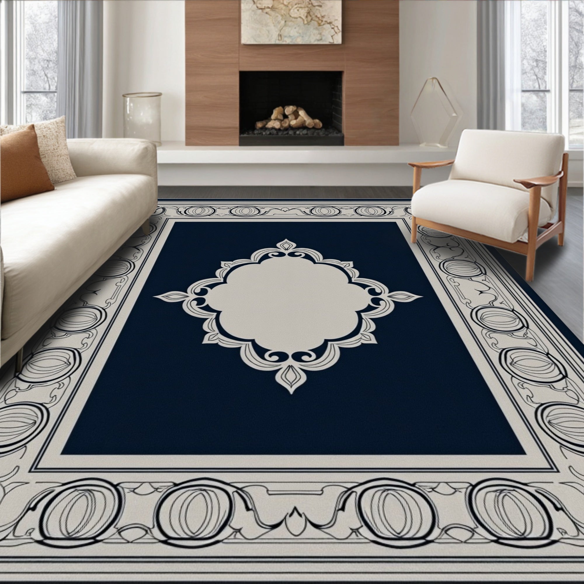 Classic Navy Ivory Ornamental Design Rug