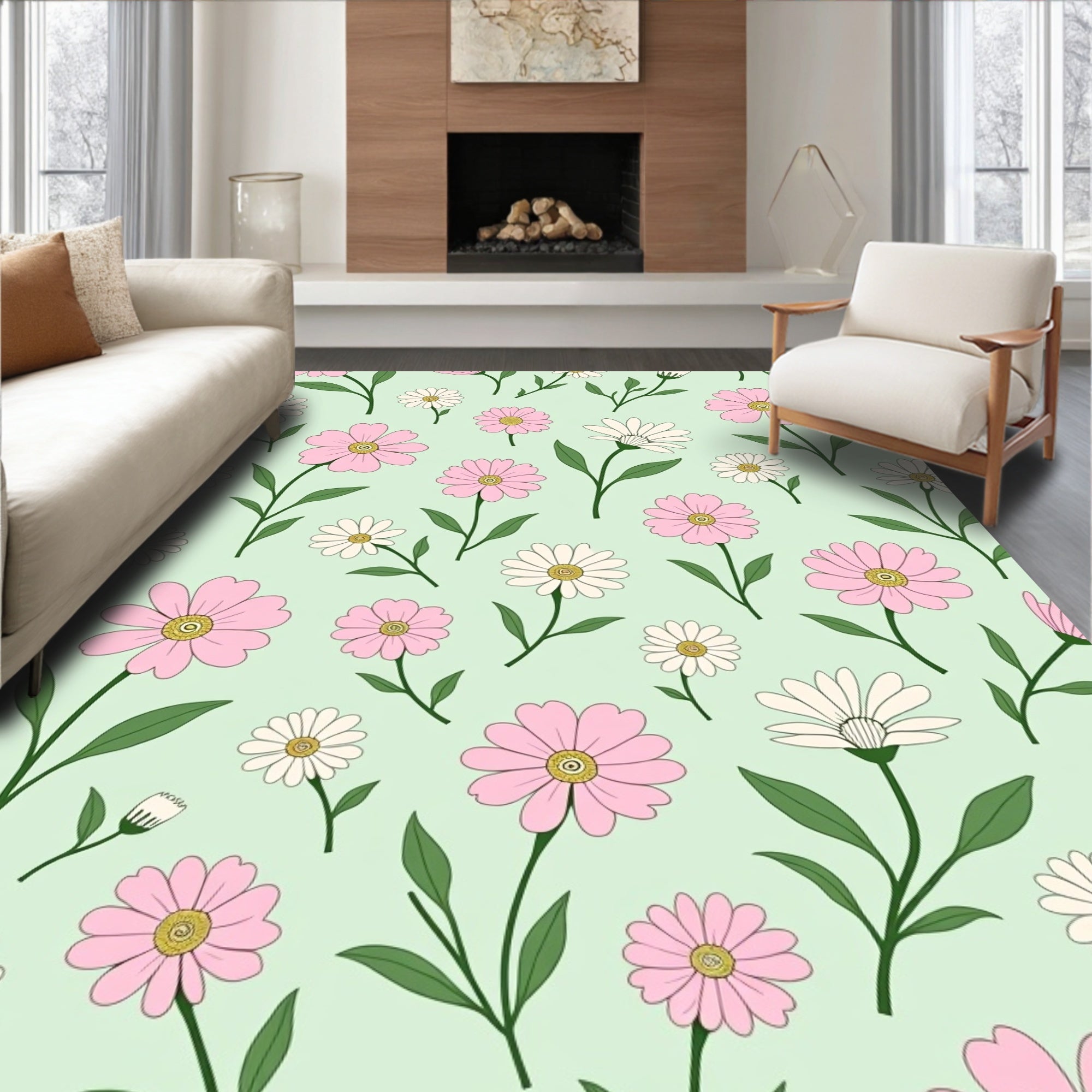 Pink White Flower Garden Pattern Rug
