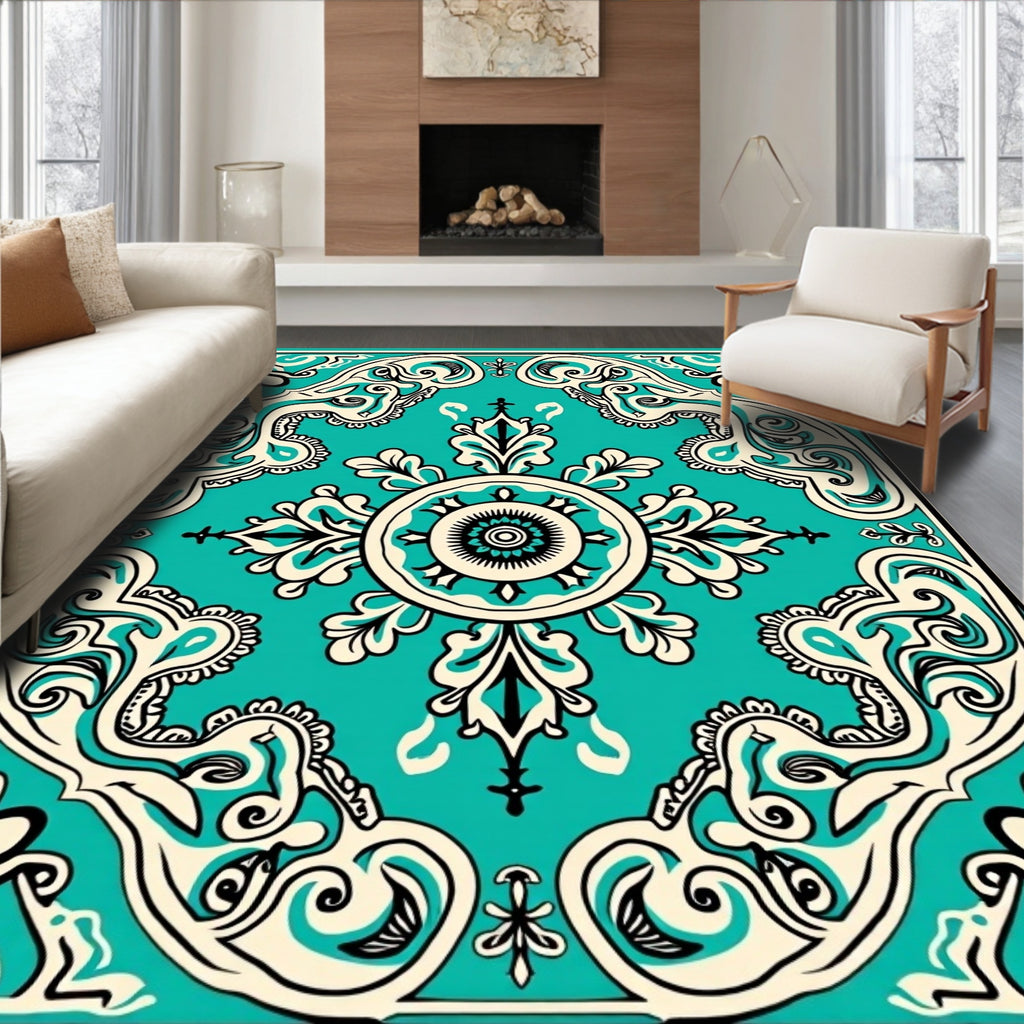 Antique Turquoise Floral Scroll Pattern Rug