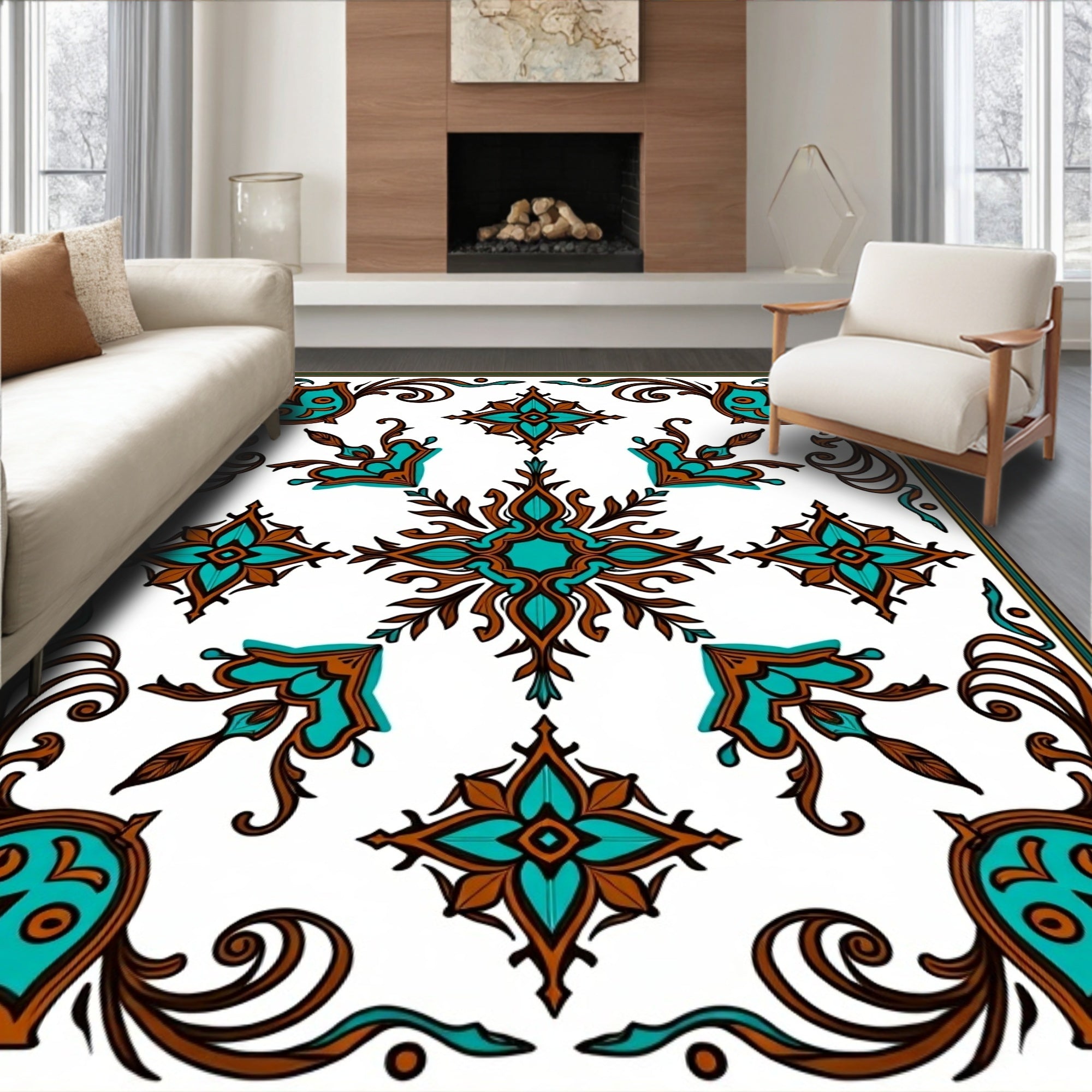 Ornate Teal Brown Floral Medallion Pattern Rug