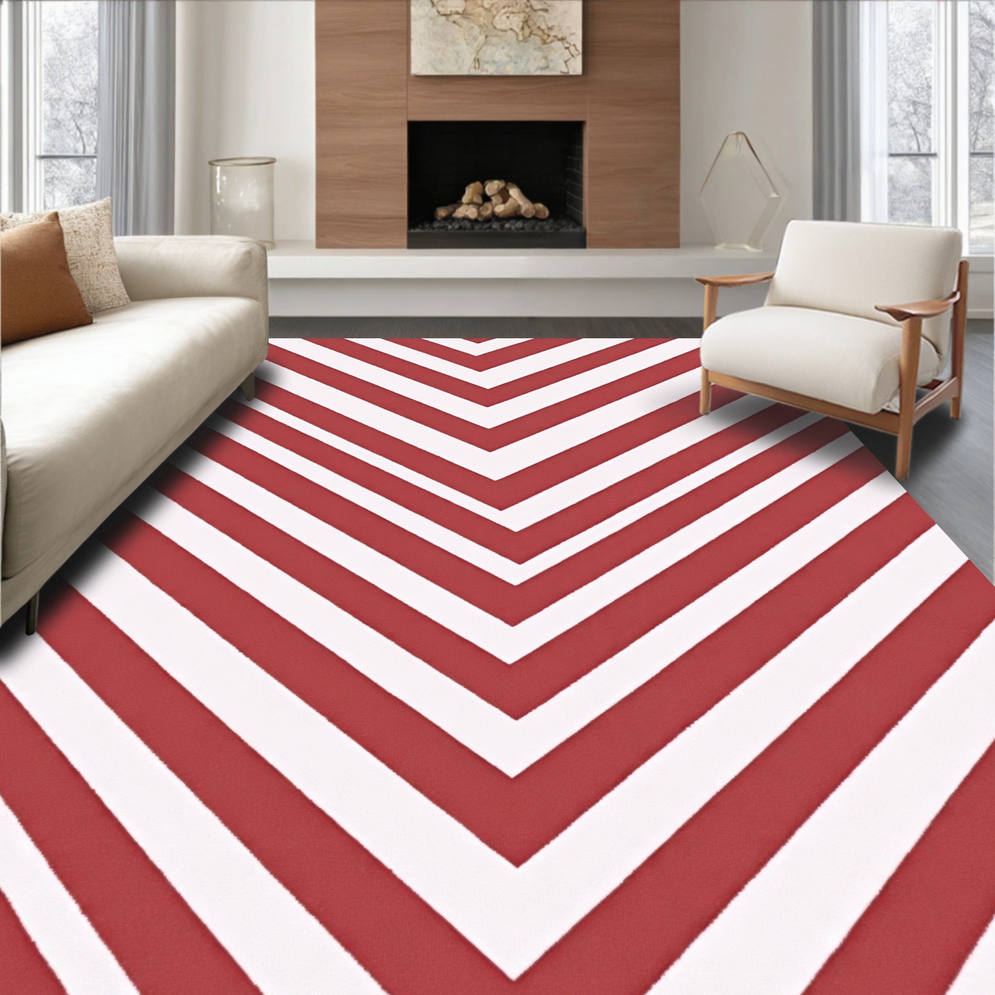 Bold Red White Chevron Pattern Rug