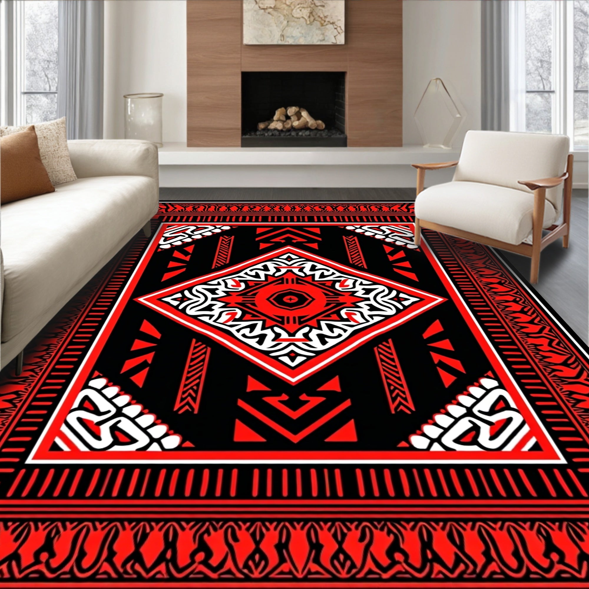 Bold Red and White Geometric Diamond Rug