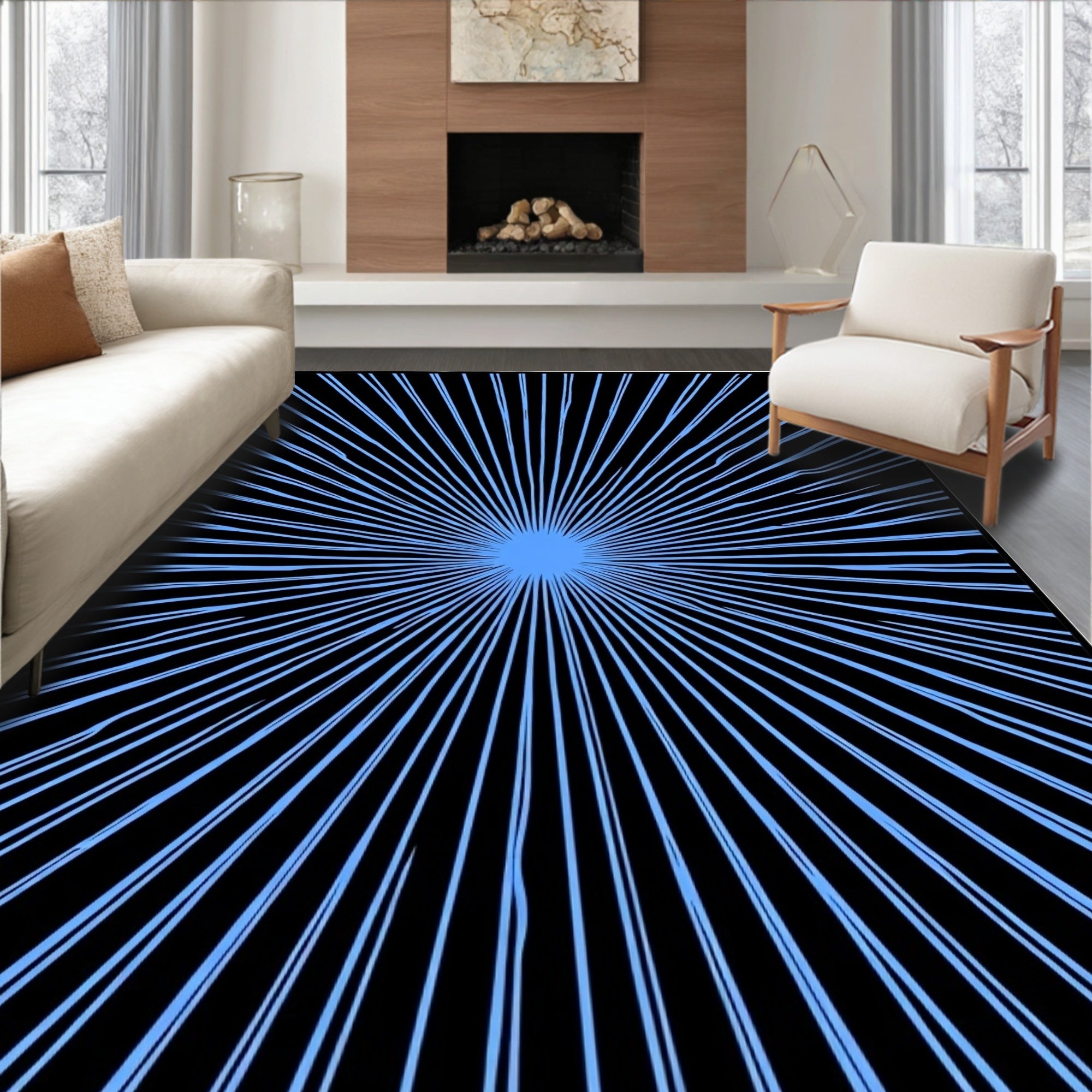 Abstract Sun Burst Blue Pattern Rug
