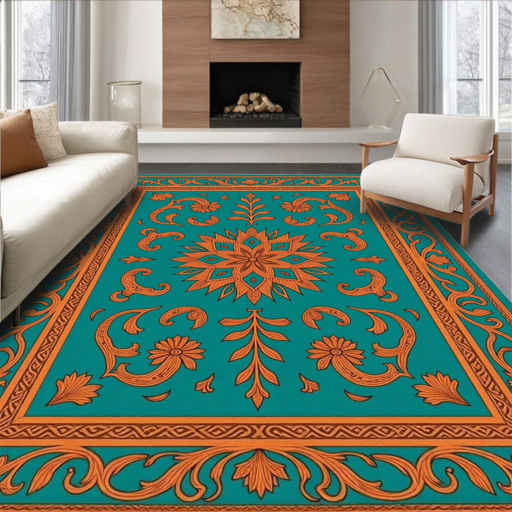 Ornate Teal Orange Floral Pattern Rug