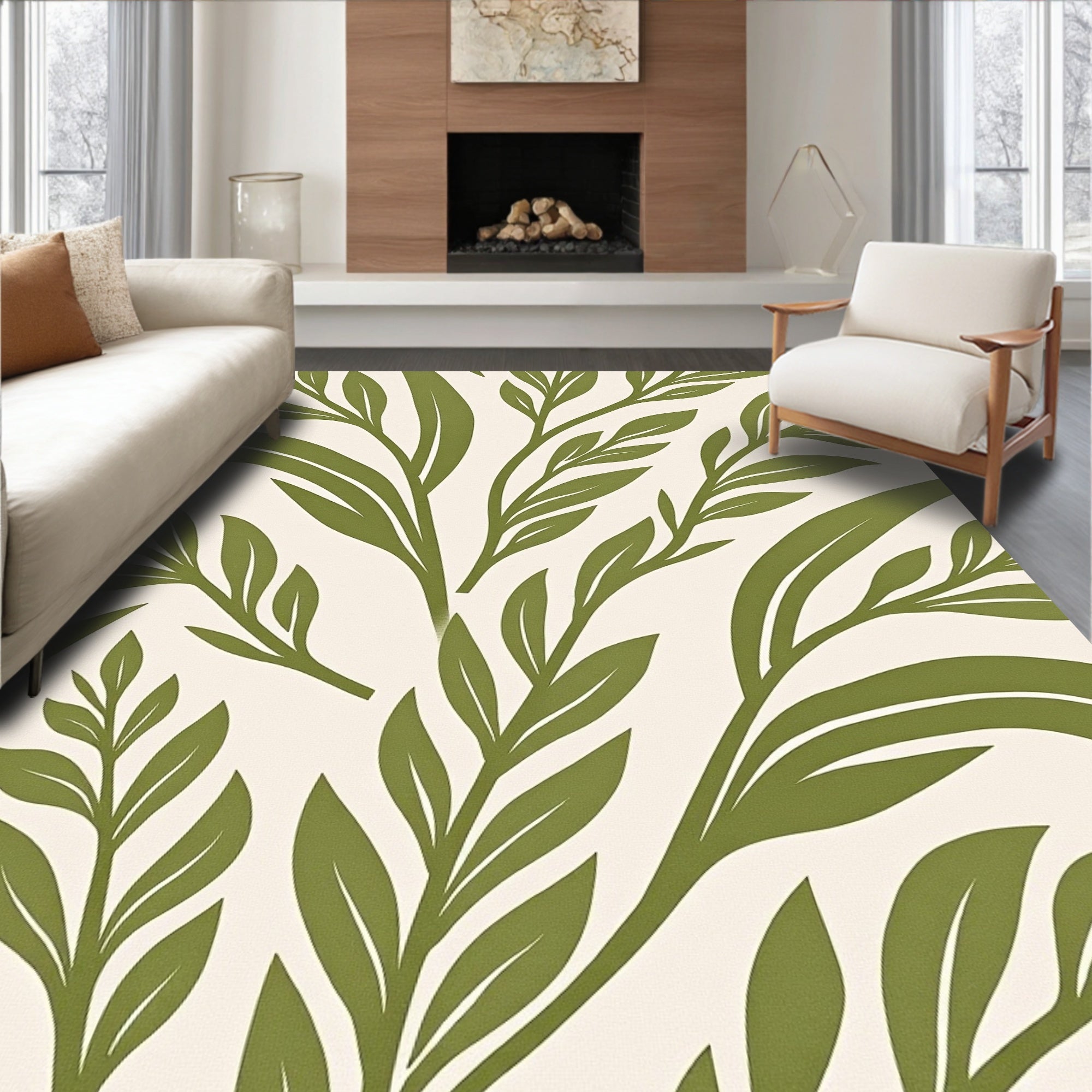 Olive Leafy Branch Pattern Design Rug