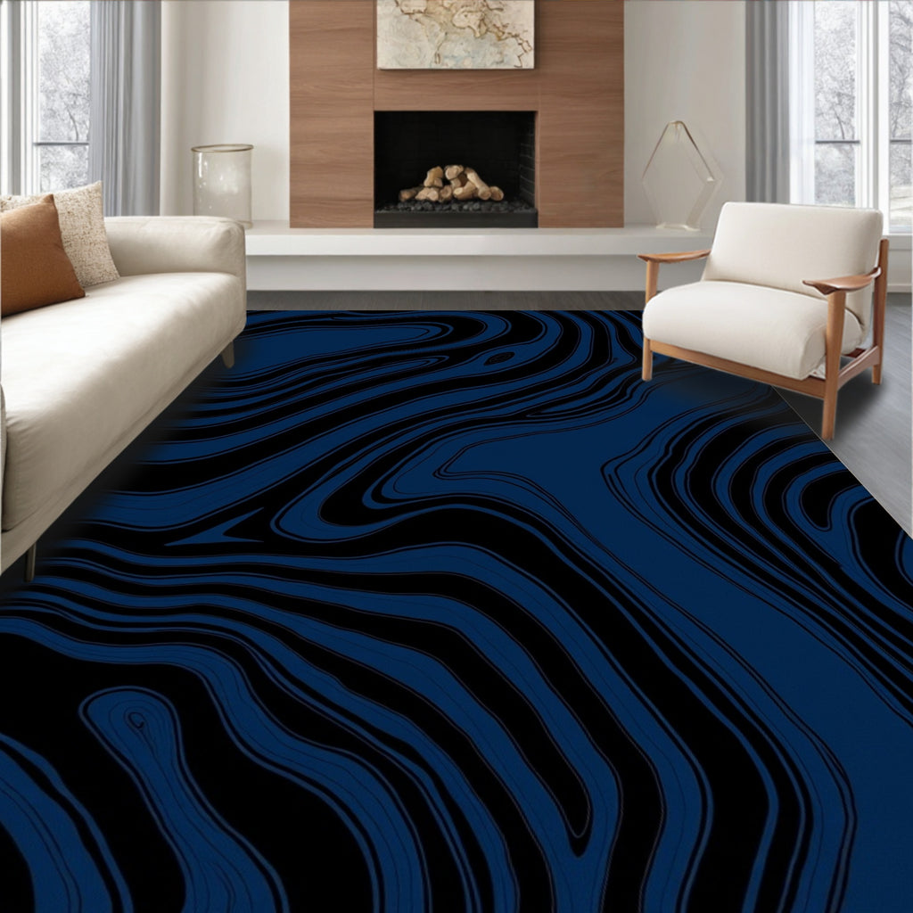 Abstract Blue And Black Swirl Pattern Rug