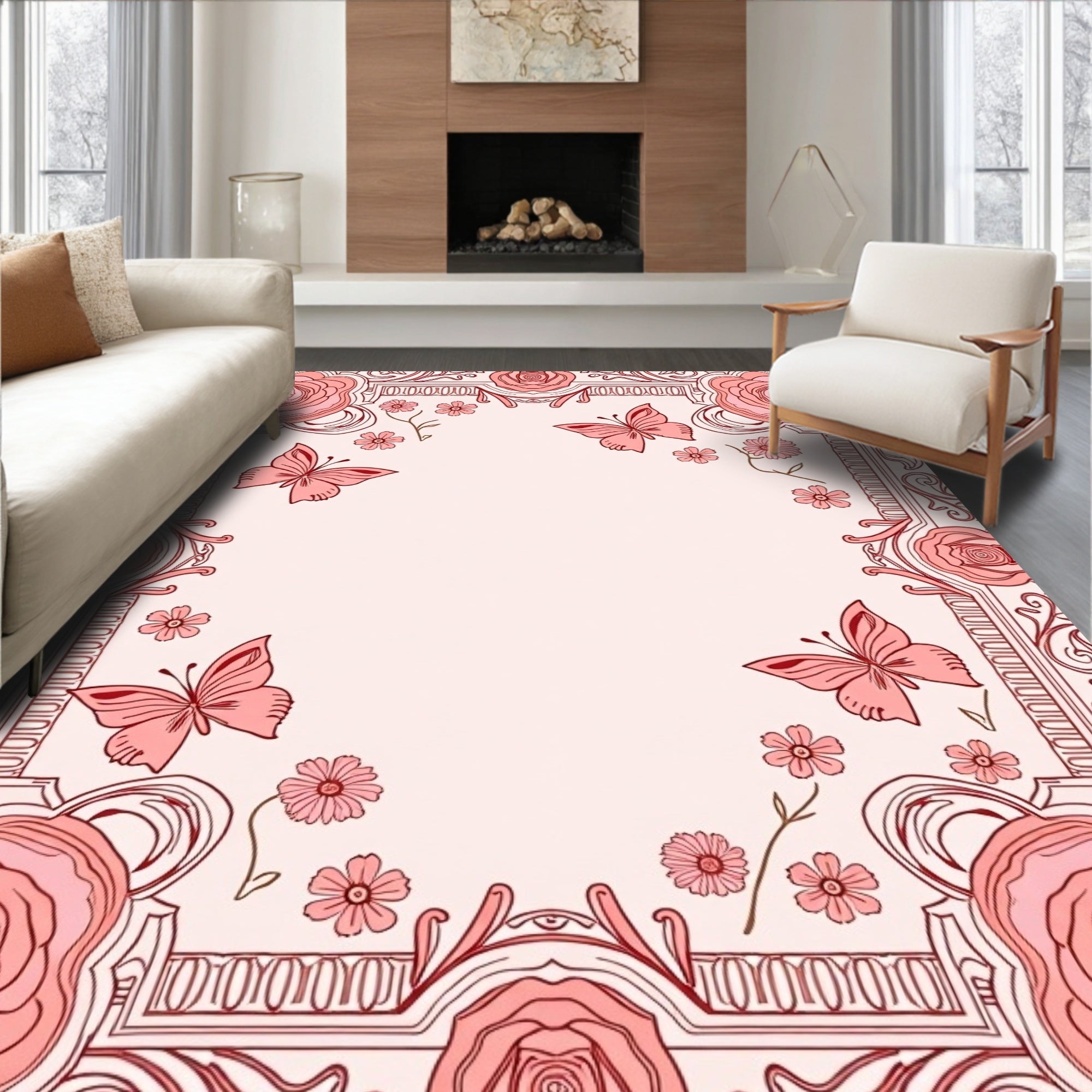Rose and Butterfly Art Nouveau Frame Rug