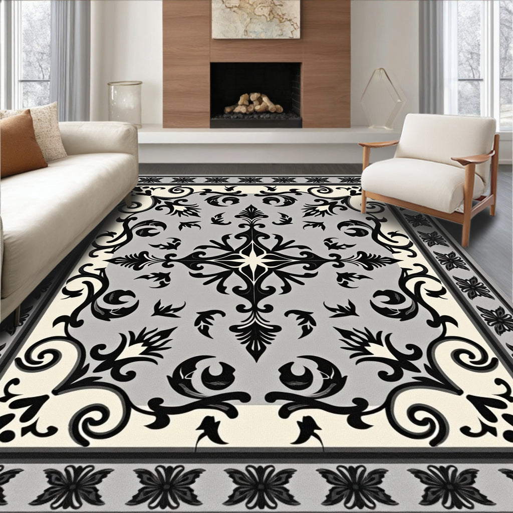 Ornate Black White Grey Floral Rug