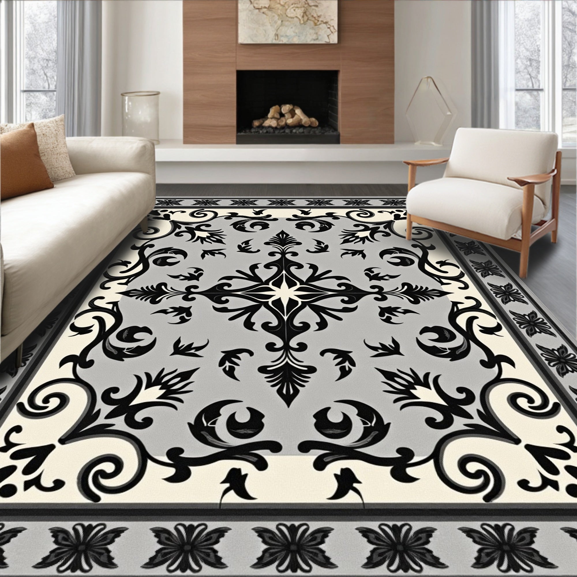 Ornate Black White Grey Floral Rug