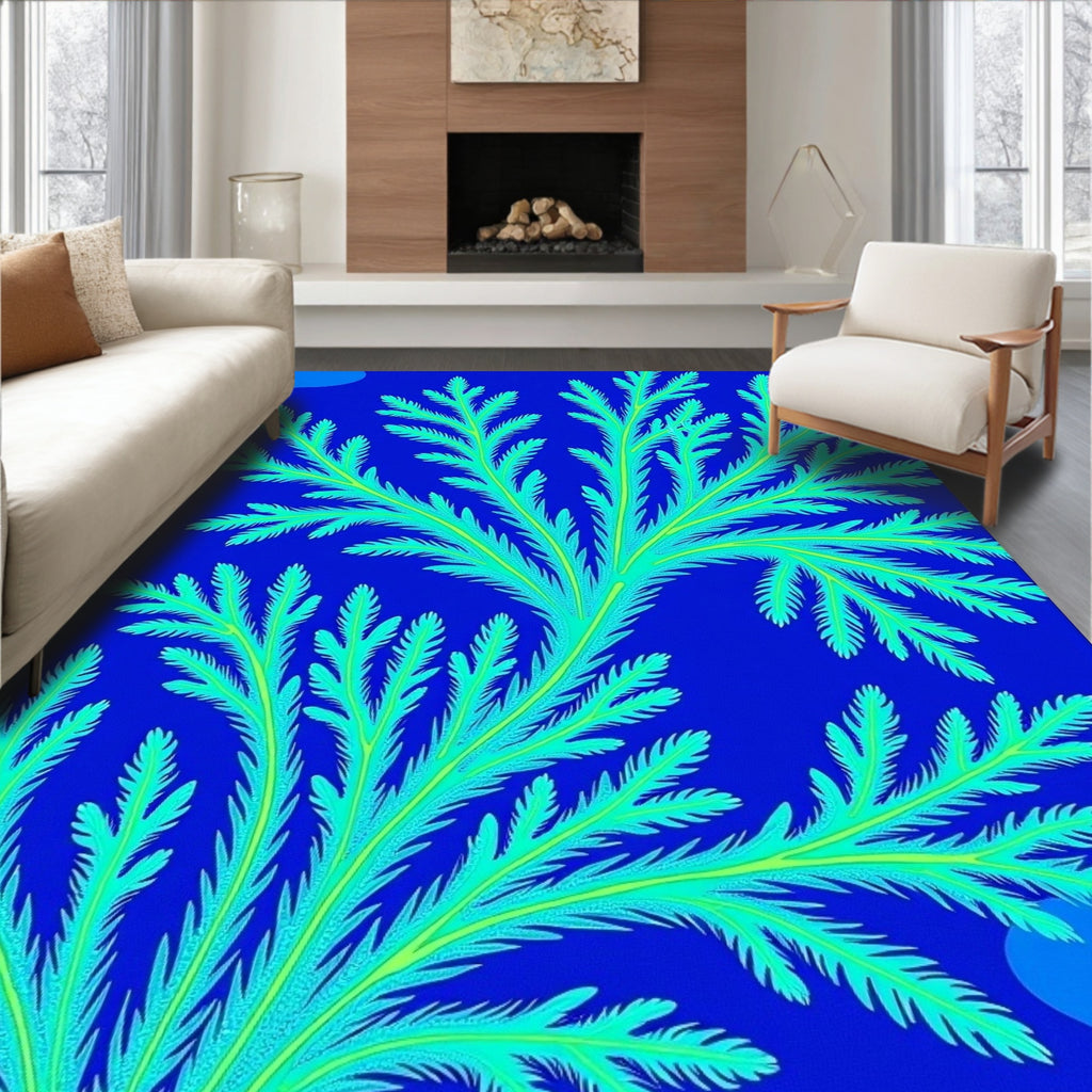 Vibrant Blue Green Fern Pattern Rug