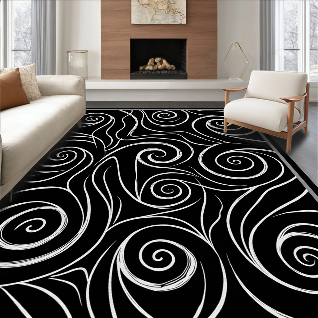 Dramatic Black White Swirl Pattern Rug